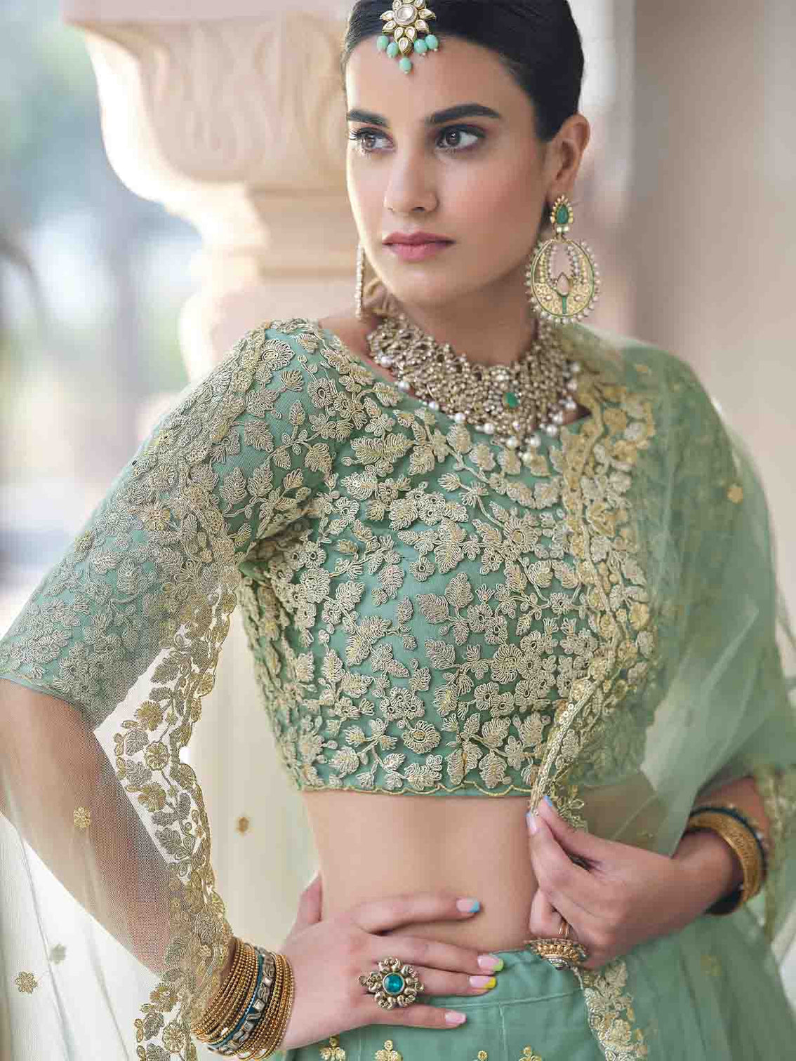Green Elegant Semi Stitched Lehenga With Unstitched Blouse