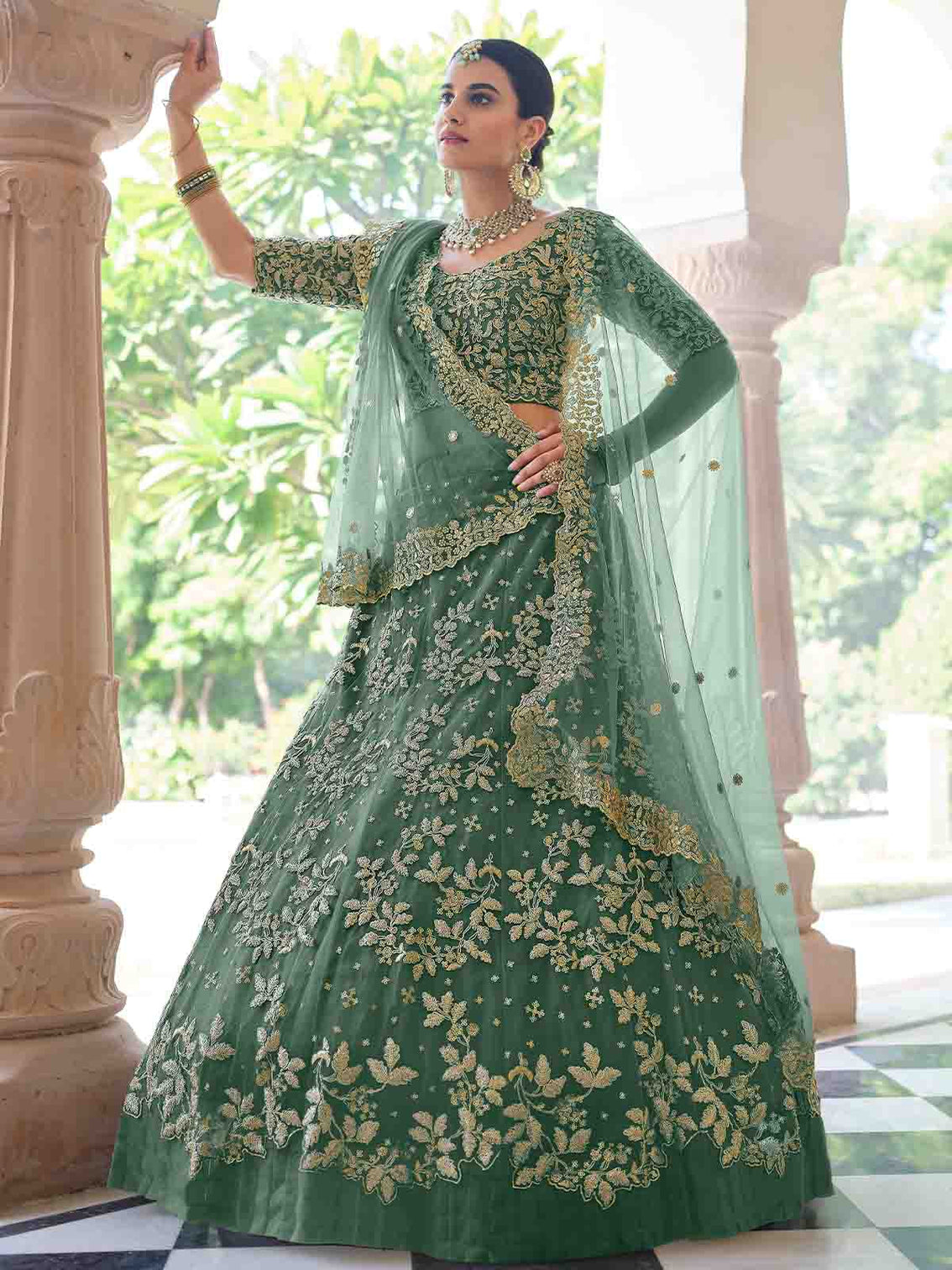 Stylish Dark Green Soft Net Semi Stitched Lehenga With Unstitched Blouse