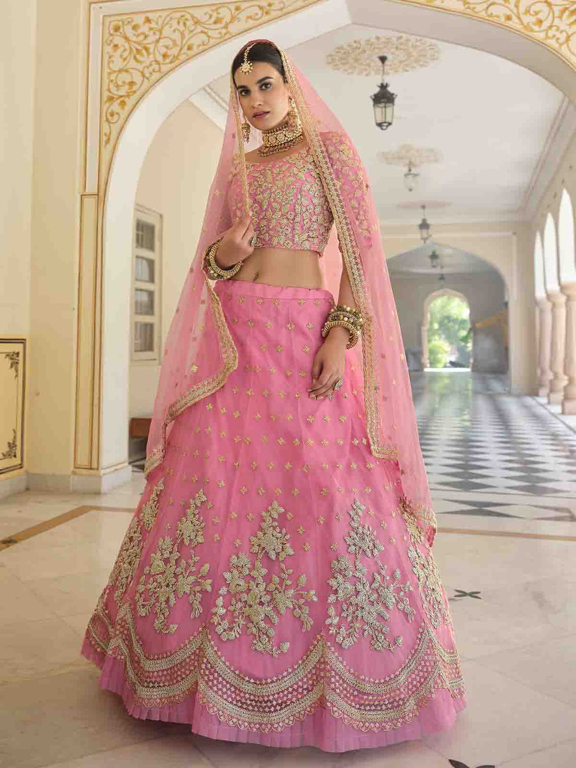 Designer Pink Semi Stitched Lehenga With Unstitched Blouse
