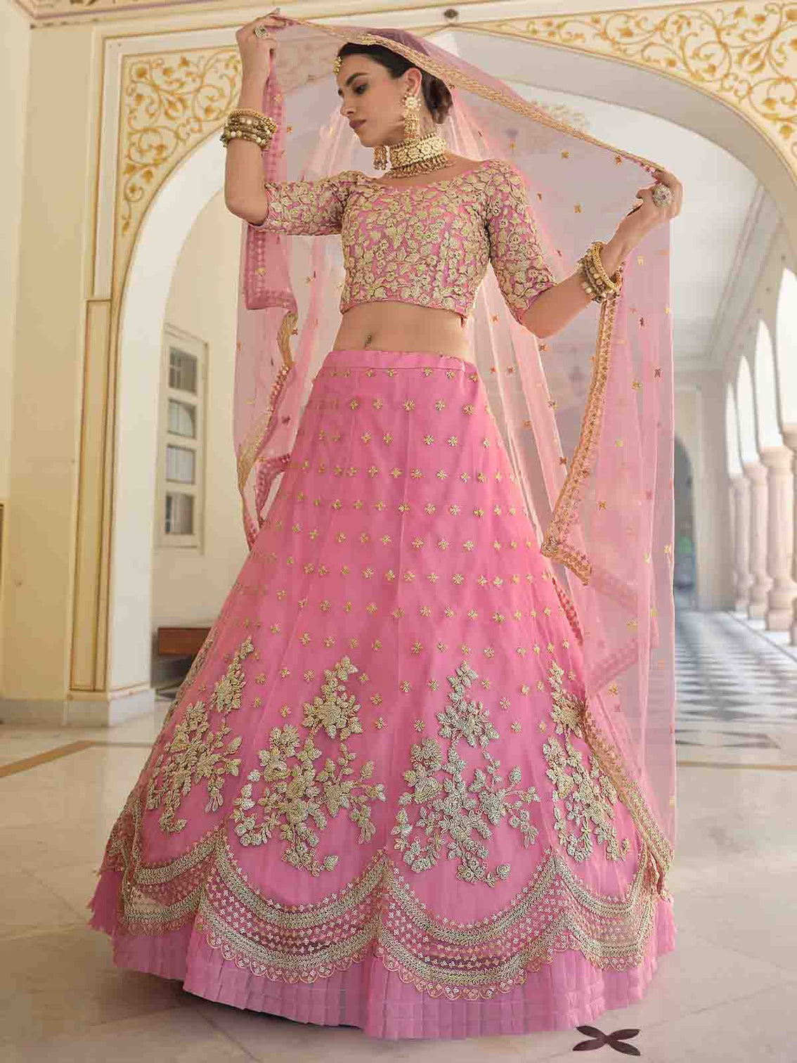Designer Pink Semi Stitched Lehenga With Unstitched Blouse