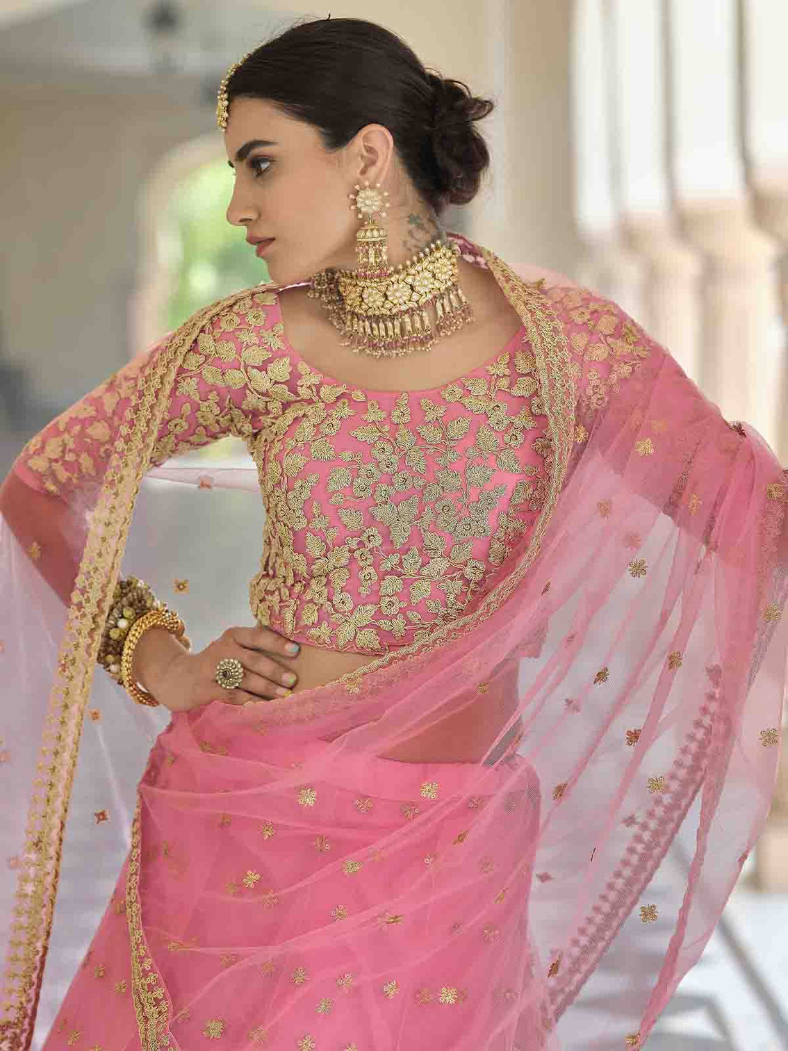 Designer Pink Semi Stitched Lehenga With Unstitched Blouse