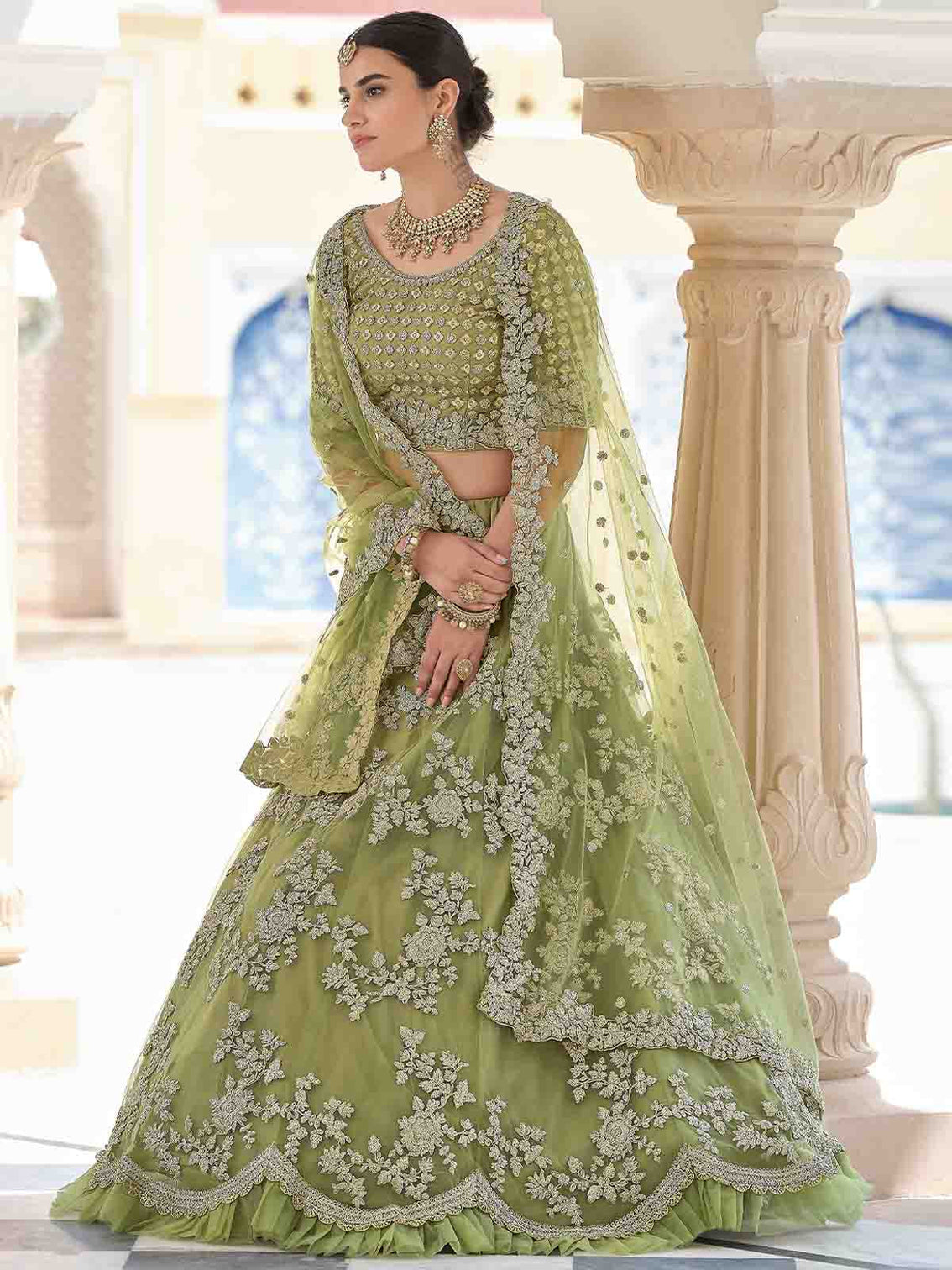 Stylish Oilve Soft Net Semi Stitched Lehenga With Unstitched Blouse