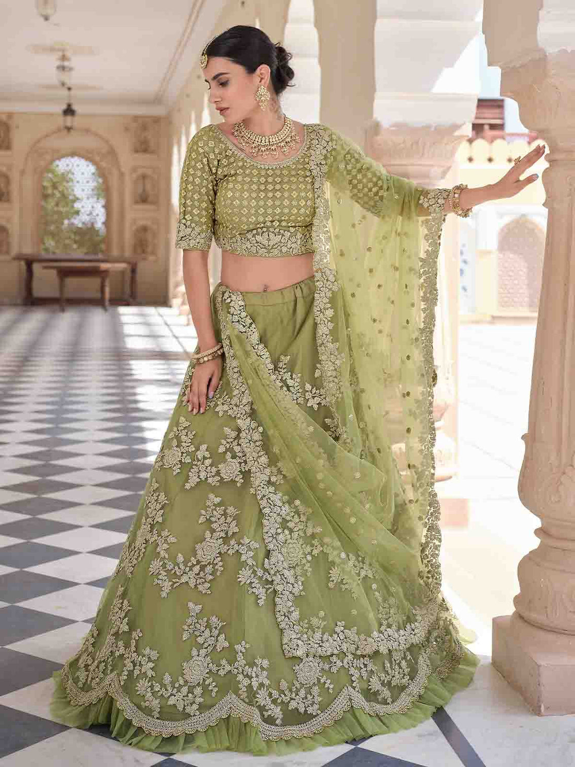 Stylish Oilve Soft Net Semi Stitched Lehenga With Unstitched Blouse