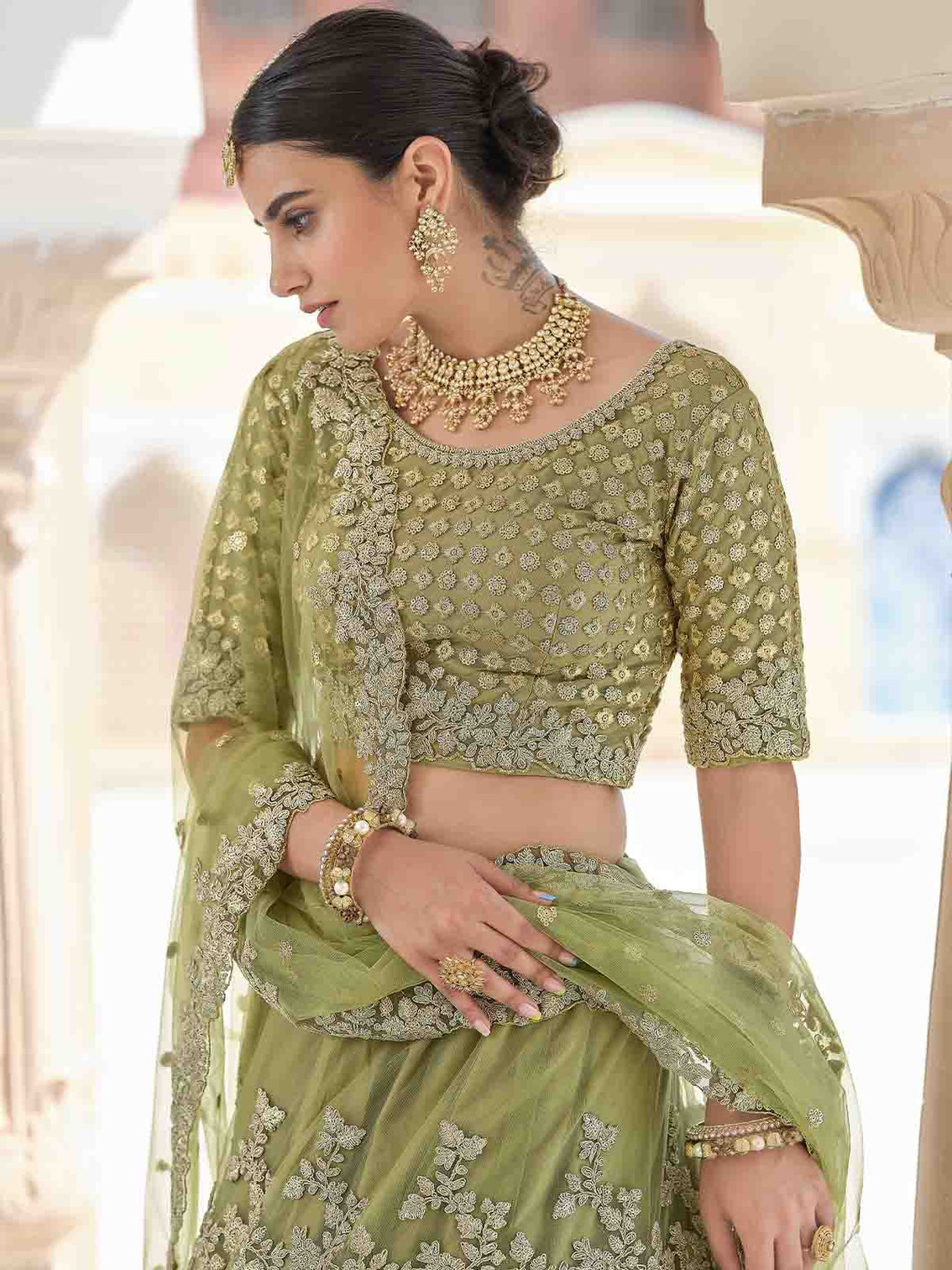 Stylish Oilve Soft Net Semi Stitched Lehenga With Unstitched Blouse