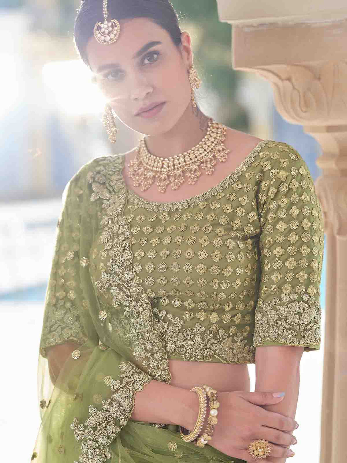 Stylish Oilve Soft Net Semi Stitched Lehenga With Unstitched Blouse