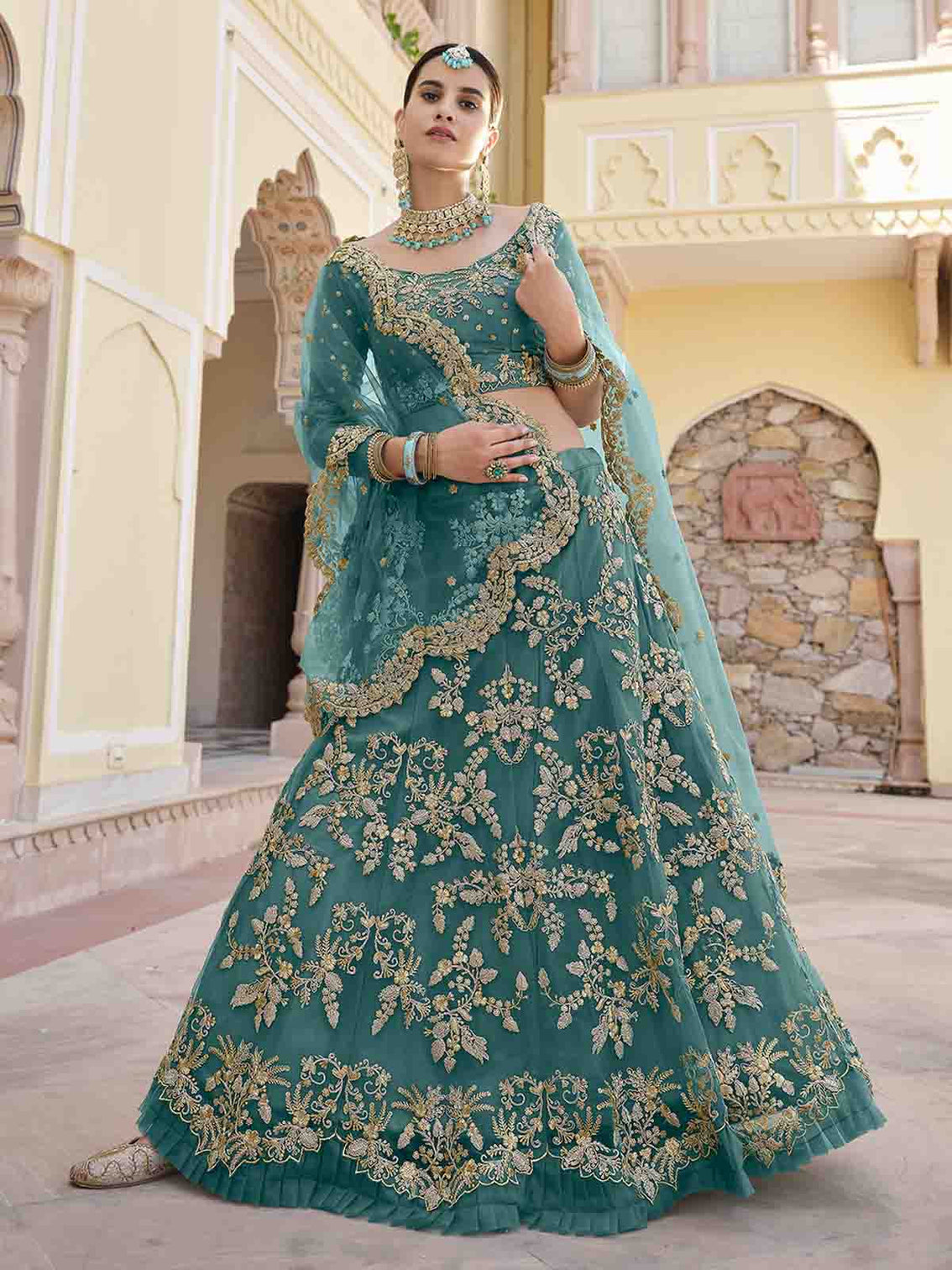Impressive Teal Soft Net Semi Stitched Lehenga With Unstitched Blouse