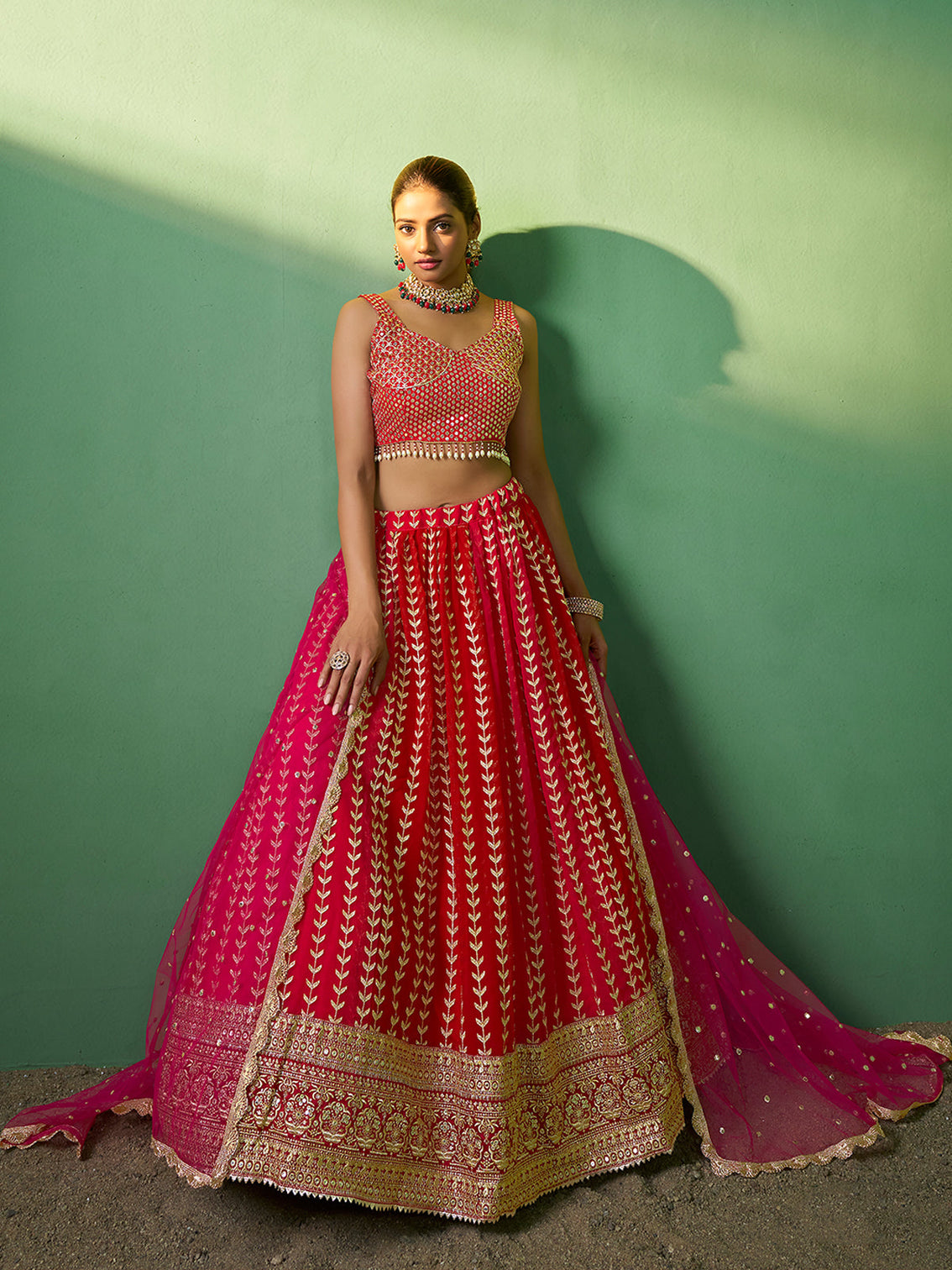 Red Embroidered  Semi Stitched Lehenga With Unstitched Blouse