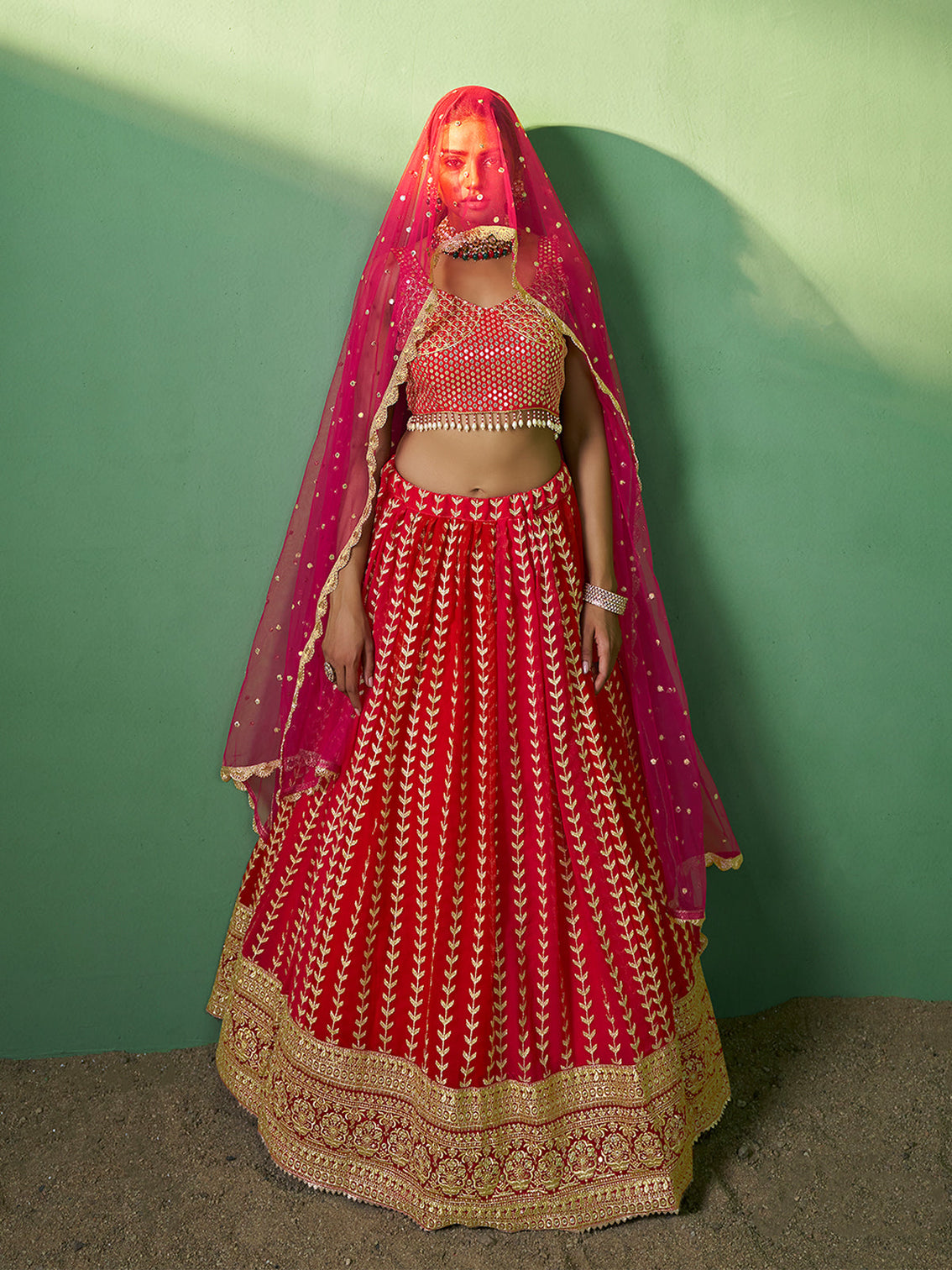 Red Embroidered  Semi Stitched Lehenga With Unstitched Blouse