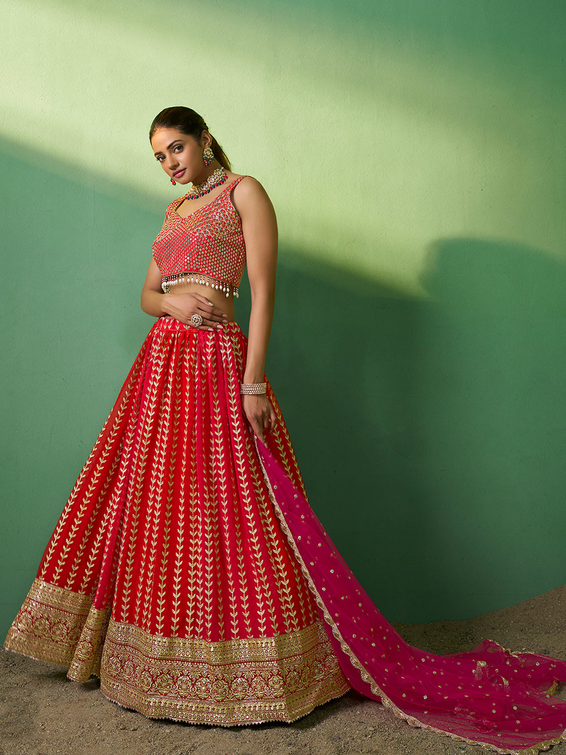 Red Embroidered  Semi Stitched Lehenga With Unstitched Blouse