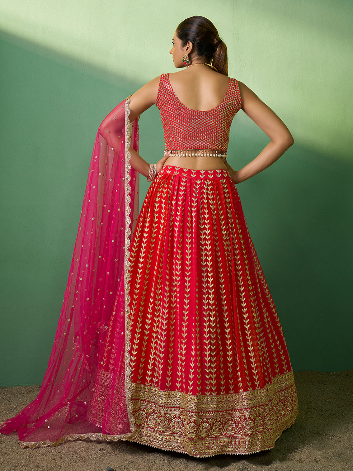 Red Embroidered  Semi Stitched Lehenga With Unstitched Blouse