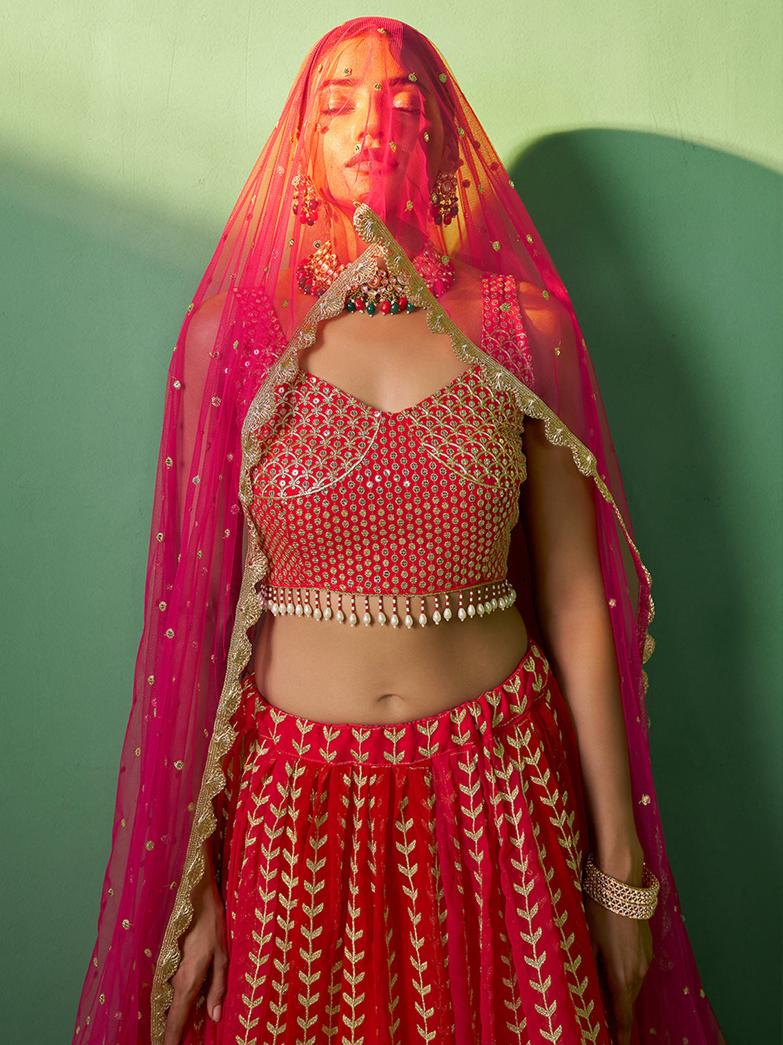 Red Embroidered  Semi Stitched Lehenga With Unstitched Blouse