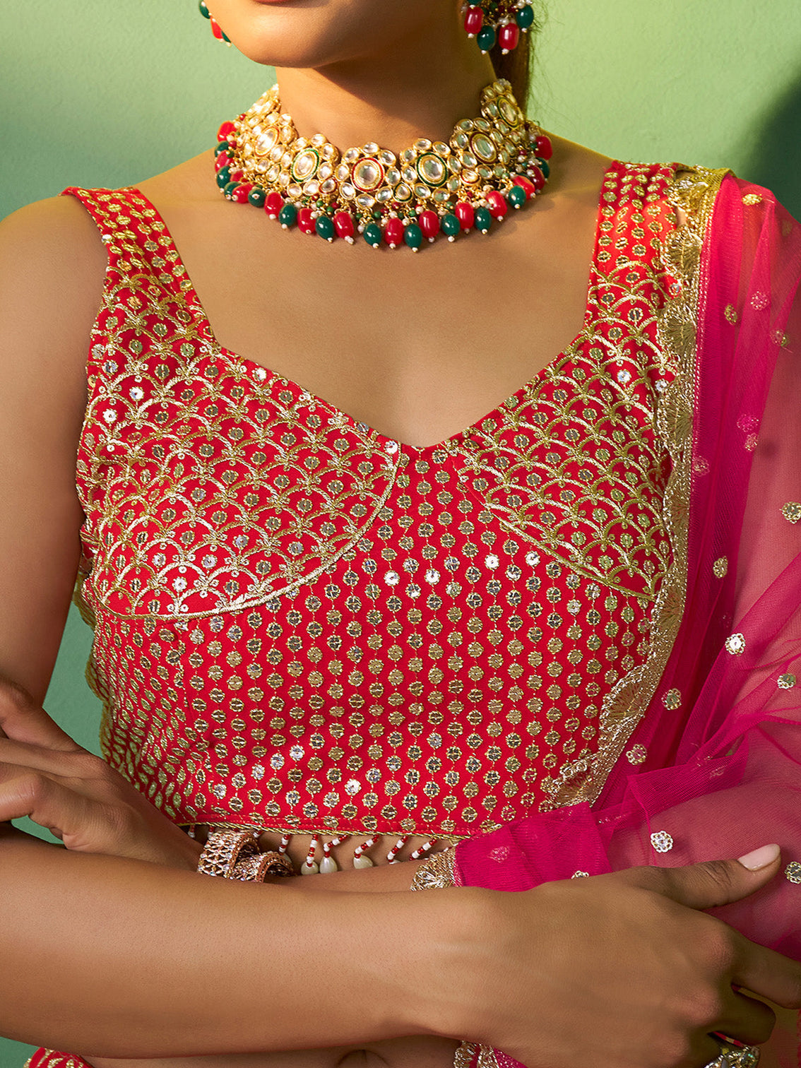 Red Embroidered  Semi Stitched Lehenga With Unstitched Blouse