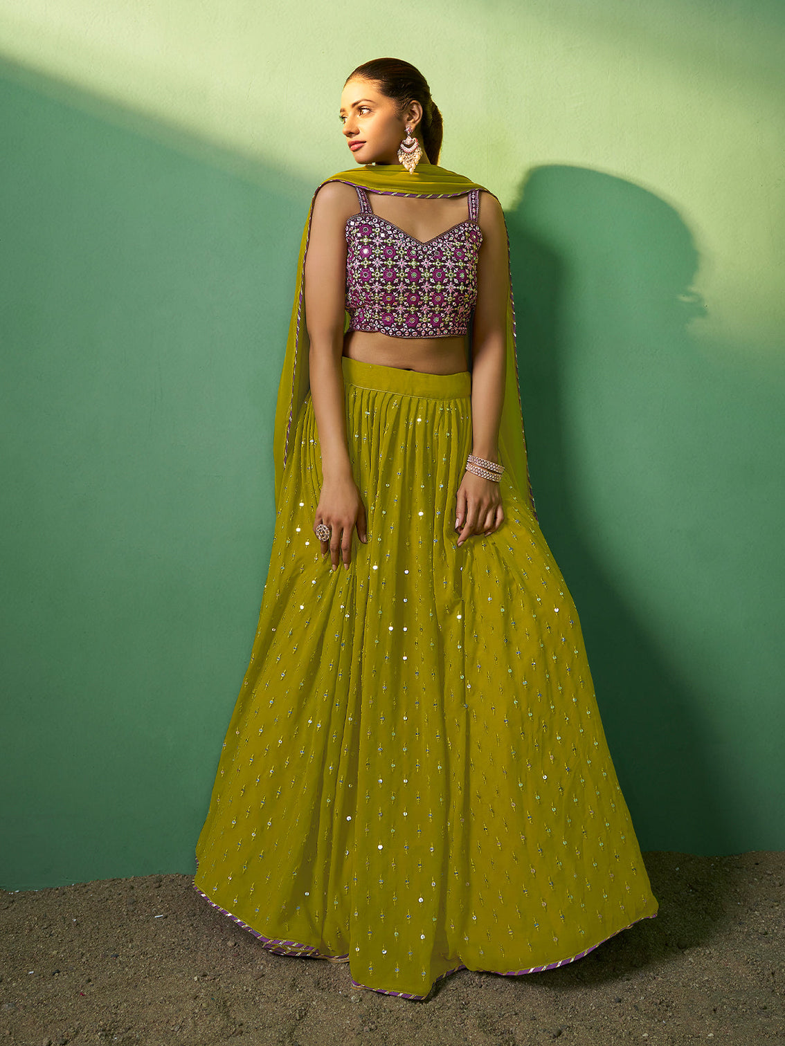 Green Embroidered Semi Stitched Lehenga With Unstitched Blouse