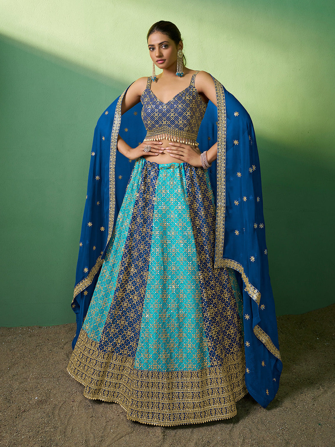 Blue Embroidered Semi Stitched Lehenga With Unstitched Blouse