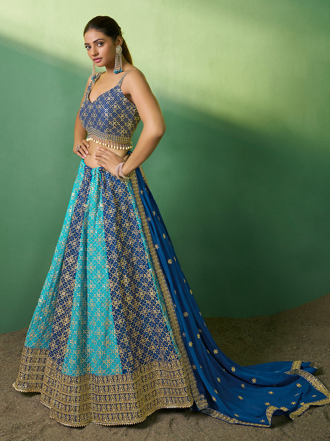 Blue Embroidered Semi Stitched Lehenga With Unstitched Blouse