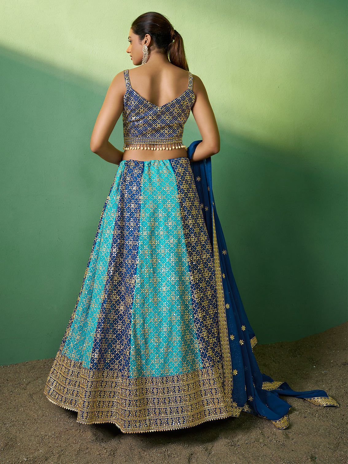 Blue Embroidered Semi Stitched Lehenga With Unstitched Blouse