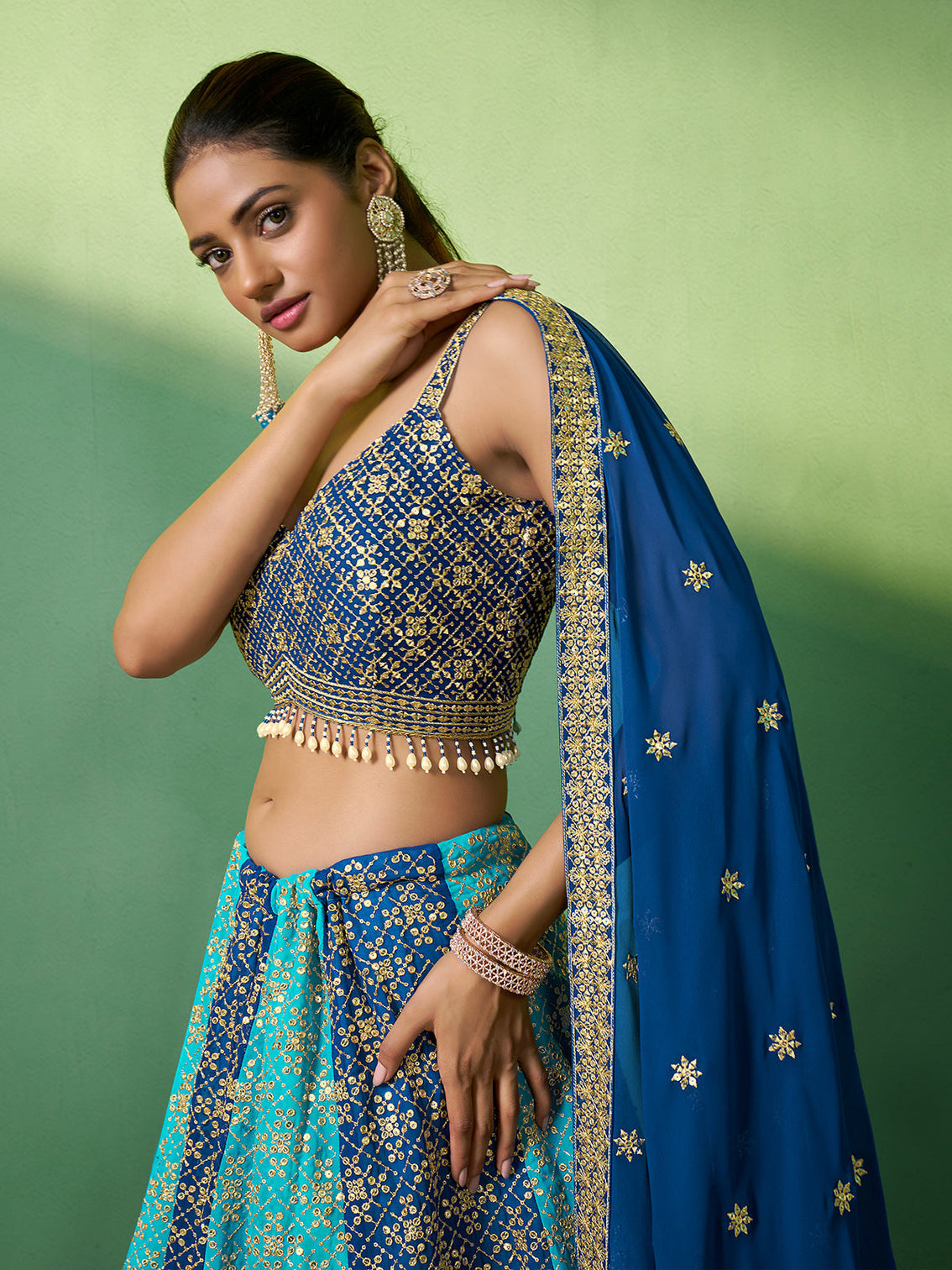 Blue Embroidered Semi Stitched Lehenga With Unstitched Blouse