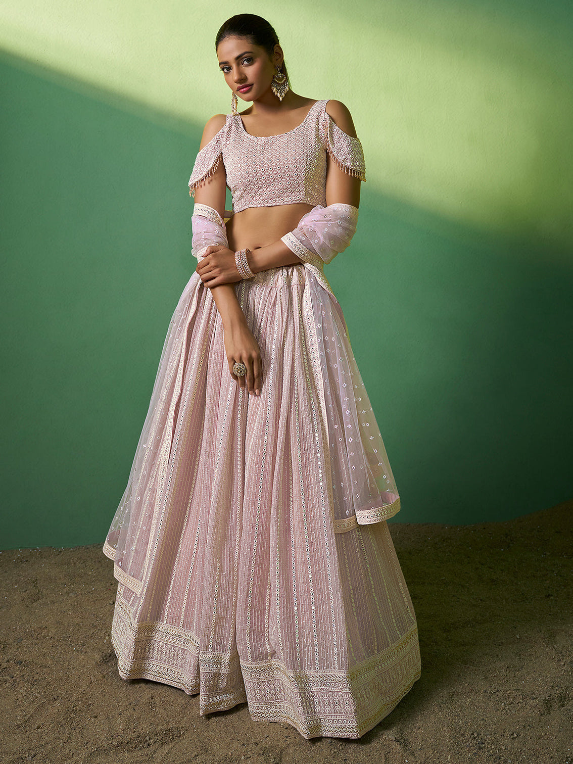 Pink Embroidered Semi Stitched Lehenga With Unstitched Blouse