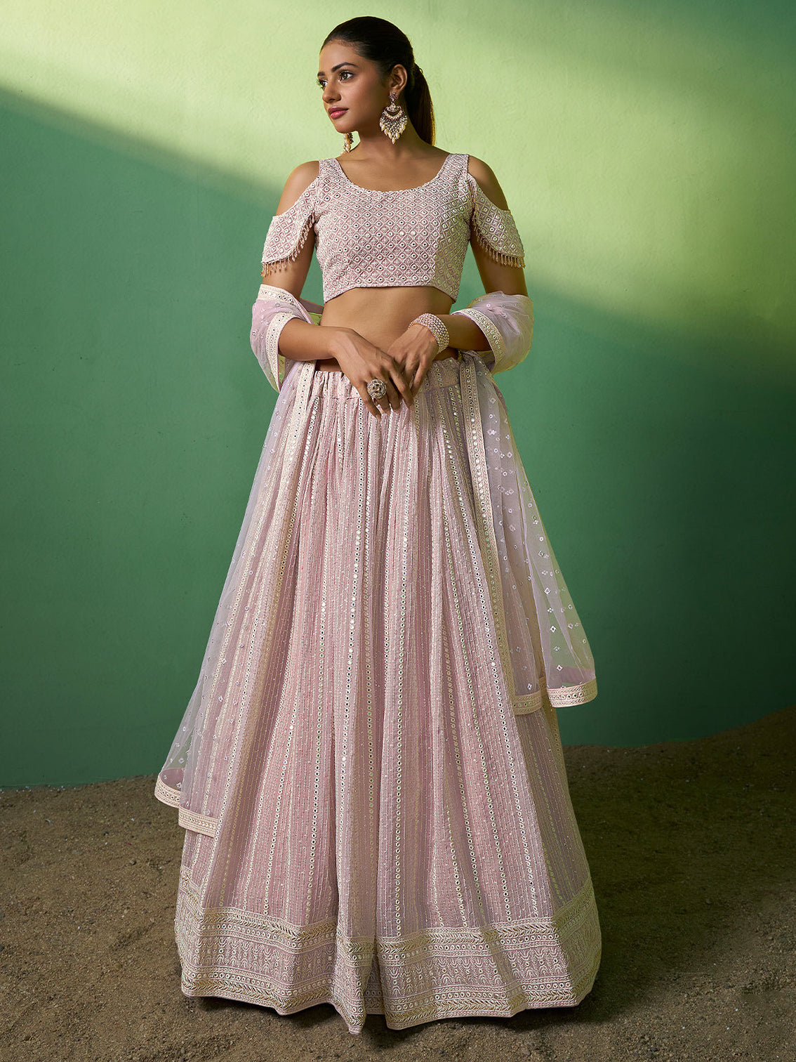Pink Embroidered Semi Stitched Lehenga With Unstitched Blouse