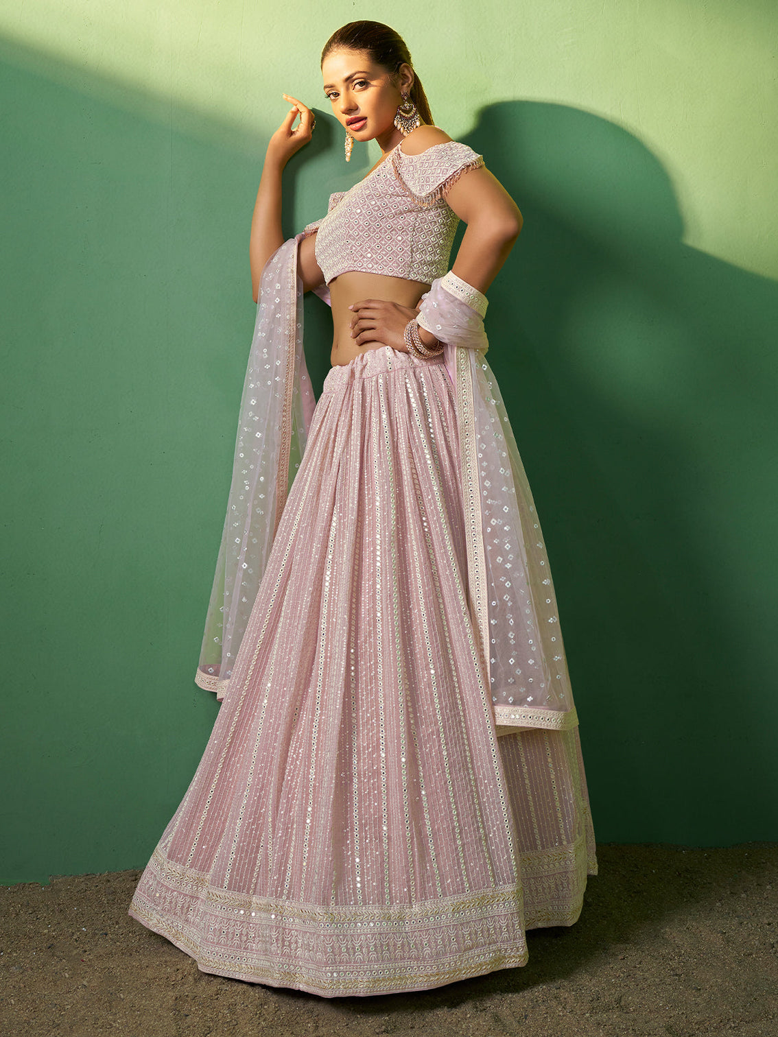Pink Embroidered Semi Stitched Lehenga With Unstitched Blouse