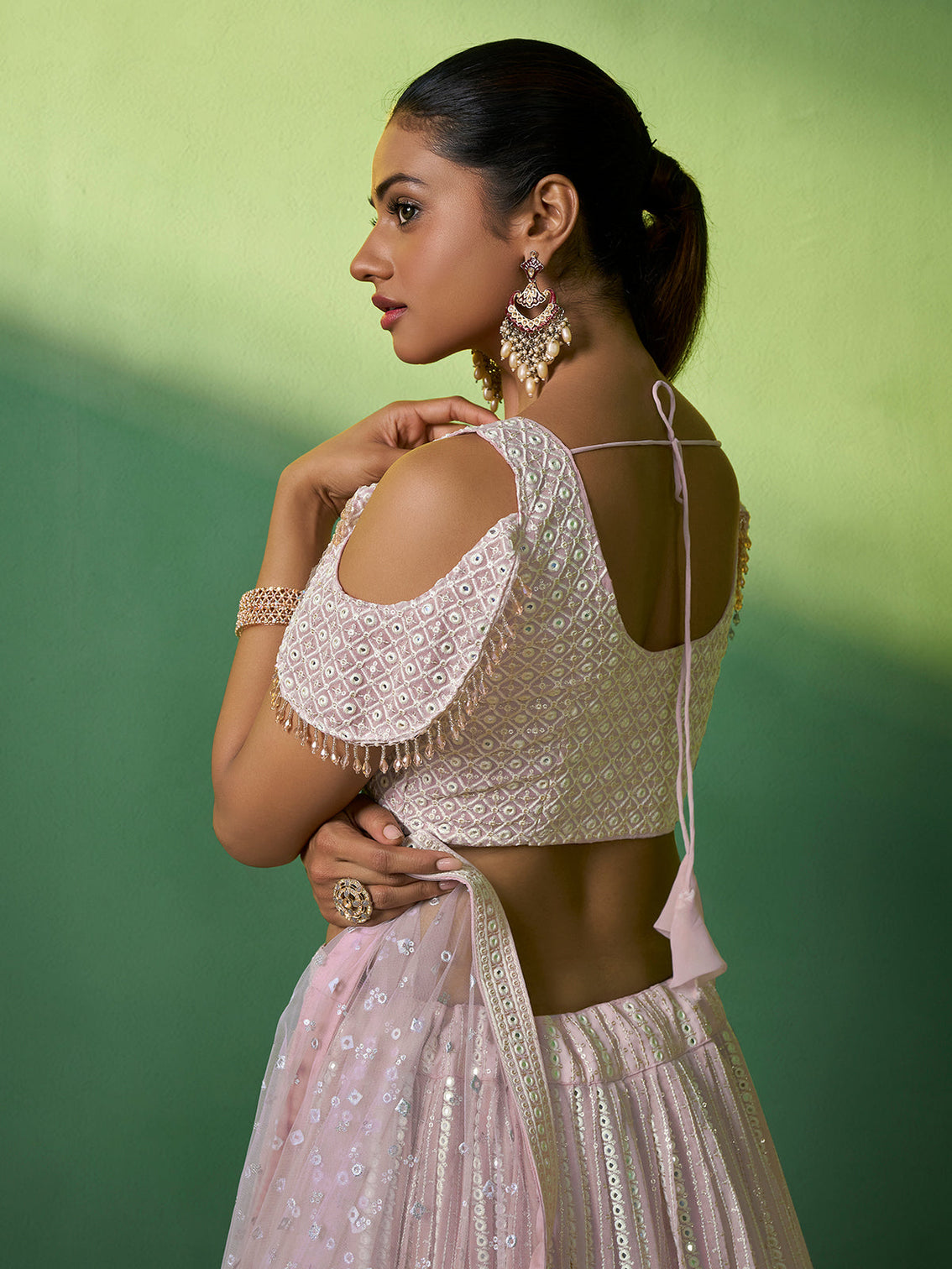 Pink Embroidered Semi Stitched Lehenga With Unstitched Blouse