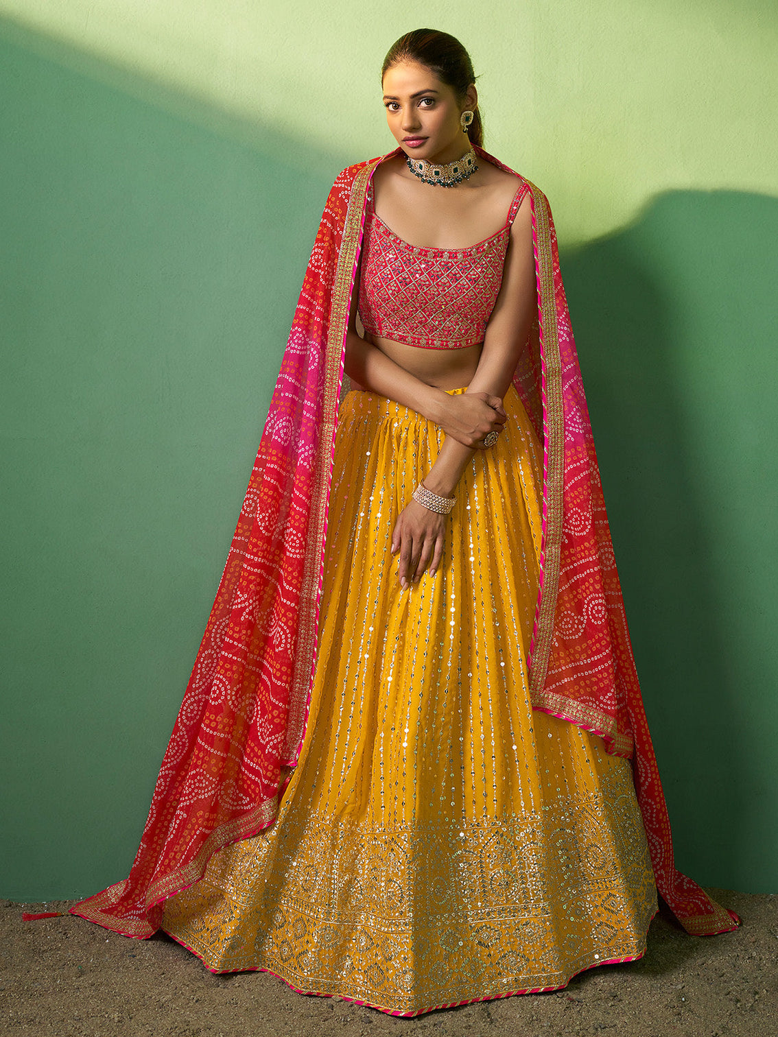 Yellow Embroidered Semi Stitched Lehenga With Unstitched Blouse