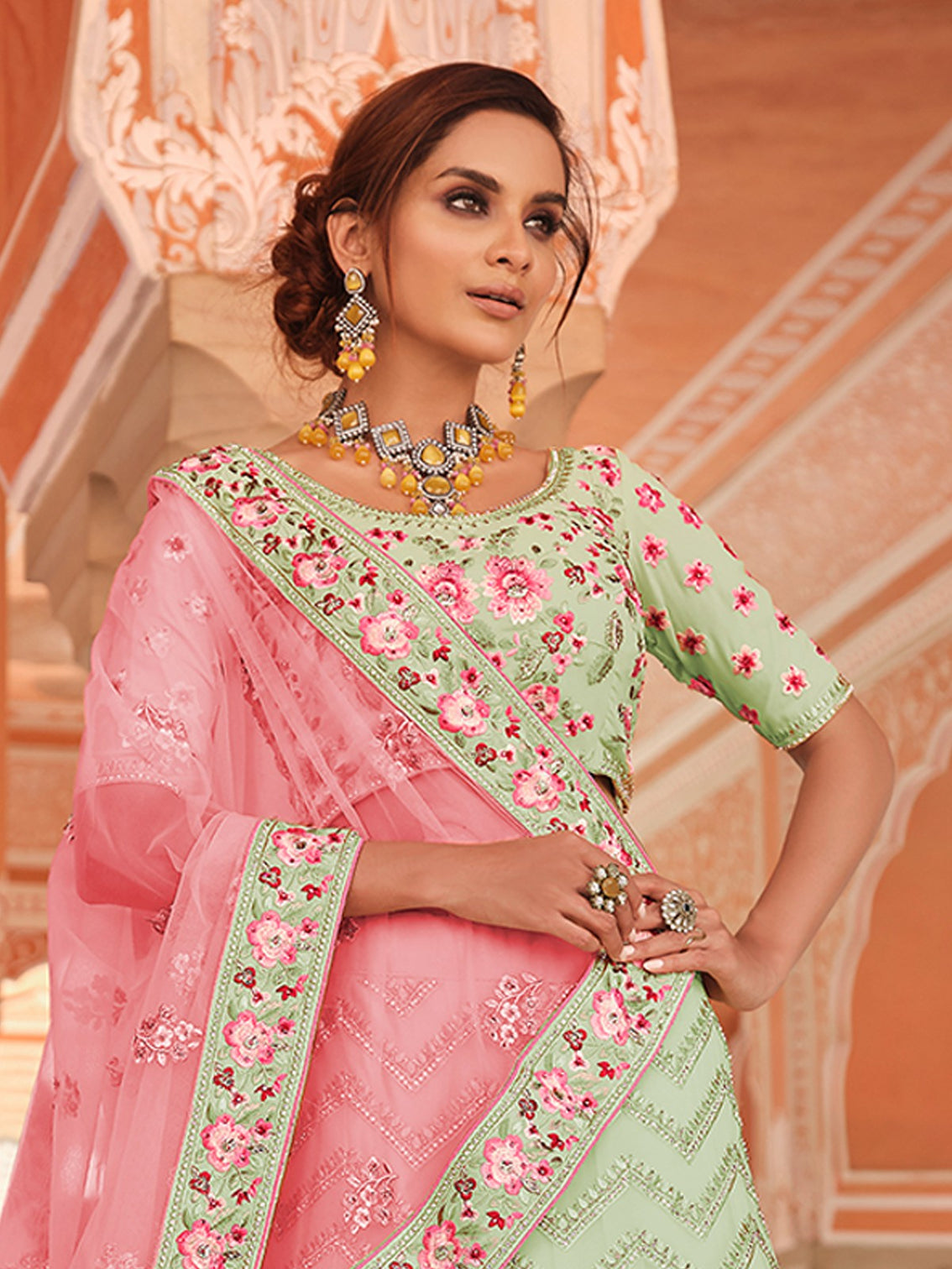 Green Embroidered Georgette Semi Stitched Lehenga With Unstitched Blouse