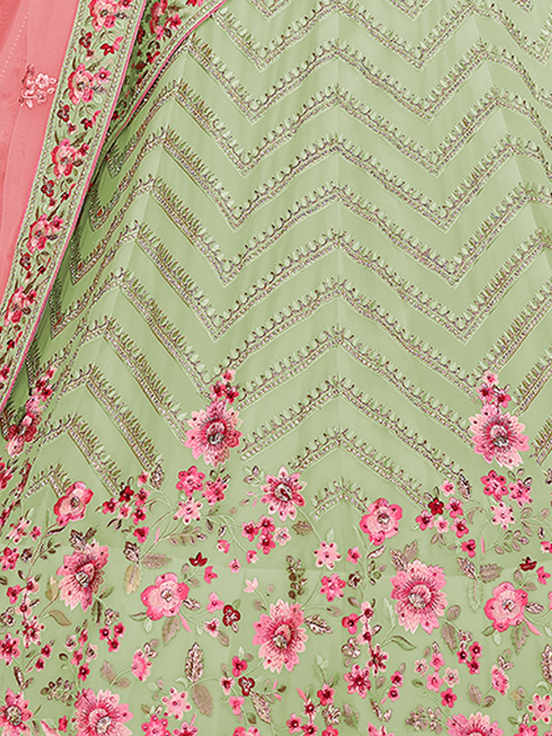 Green Embroidered Georgette Semi Stitched Lehenga With Unstitched Blouse