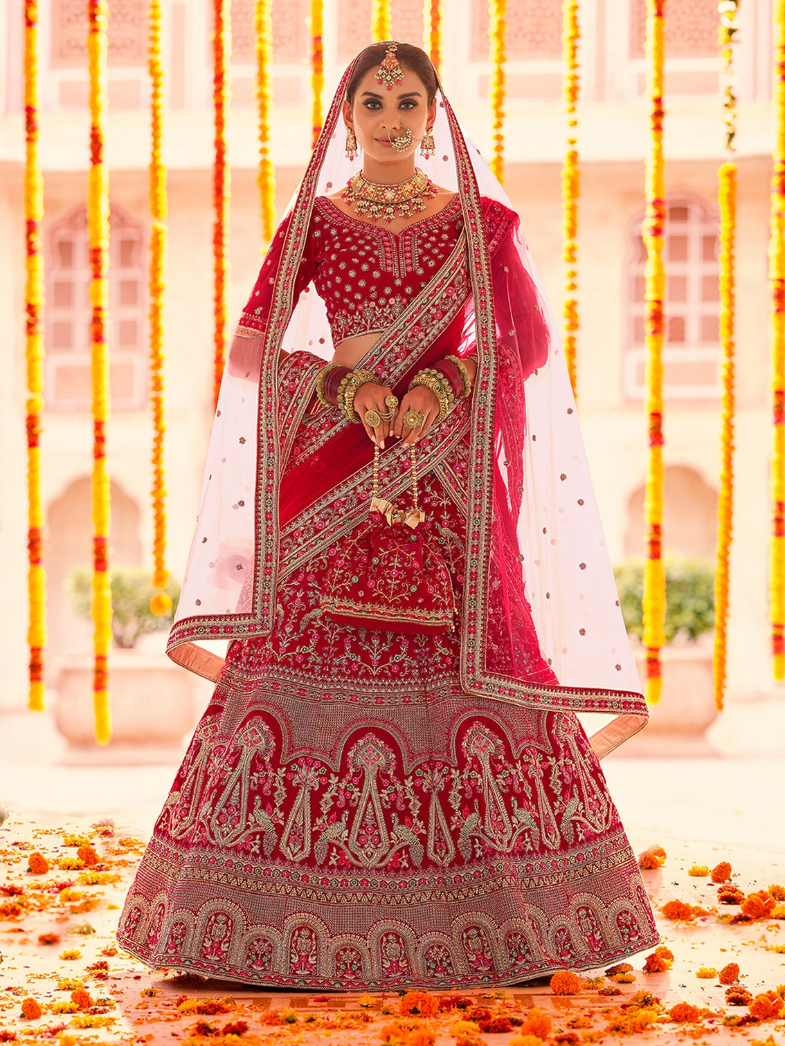 Red Embroidered Velvet Semi Stitched Lehenga With Unstitched Blouse