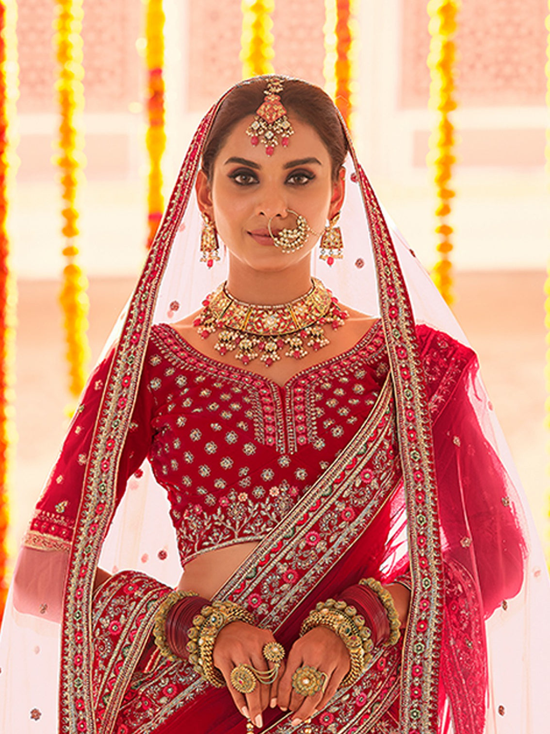 Red Embroidered Velvet Semi Stitched Lehenga With Unstitched Blouse
