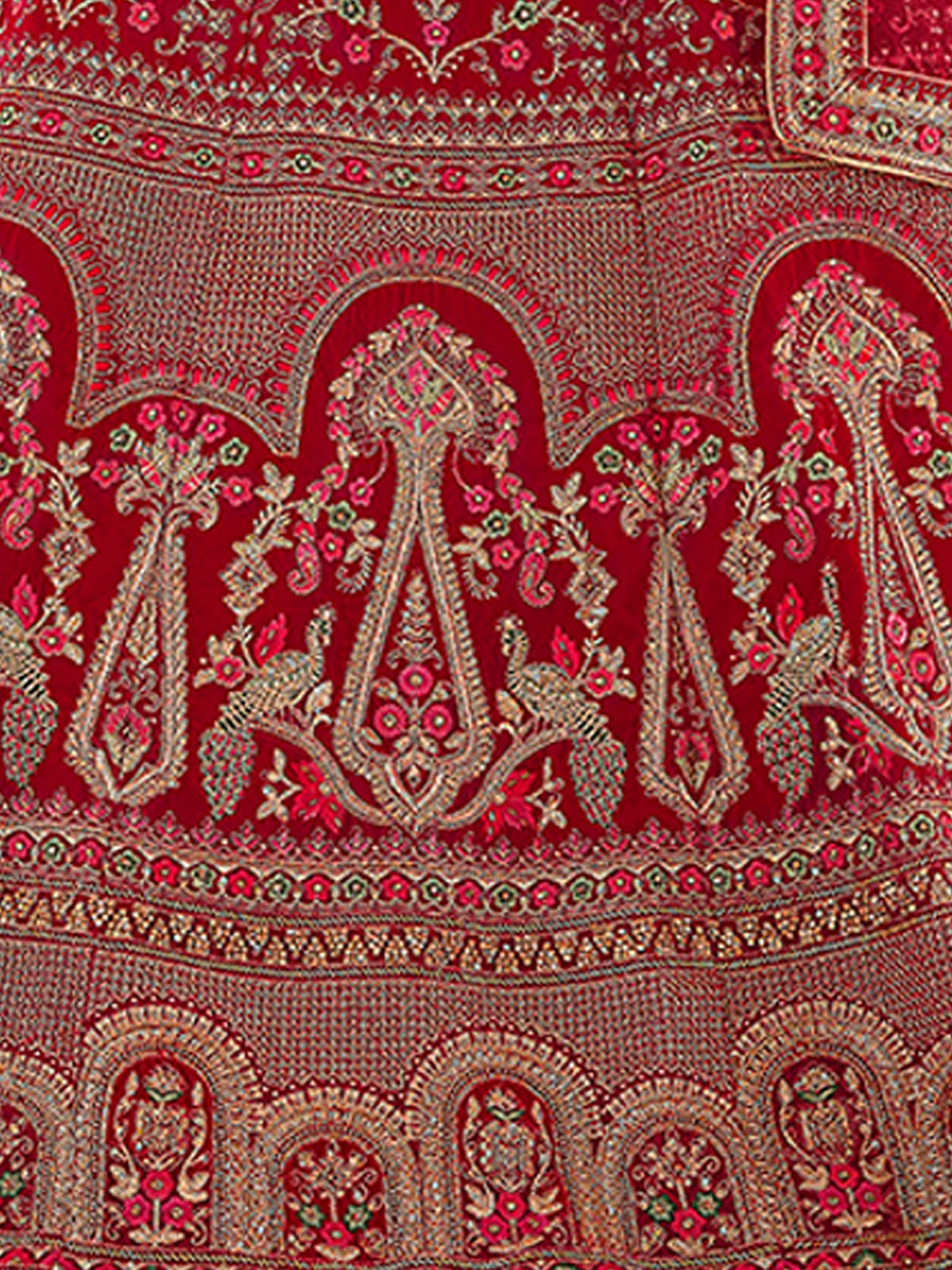 Red Embroidered Velvet Semi Stitched Lehenga With Unstitched Blouse