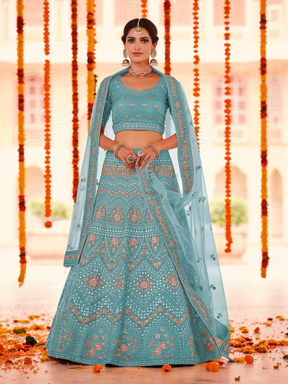 Light Blue Embroidered Organza Semi Stitched Lehenga With Unstitched Blouse