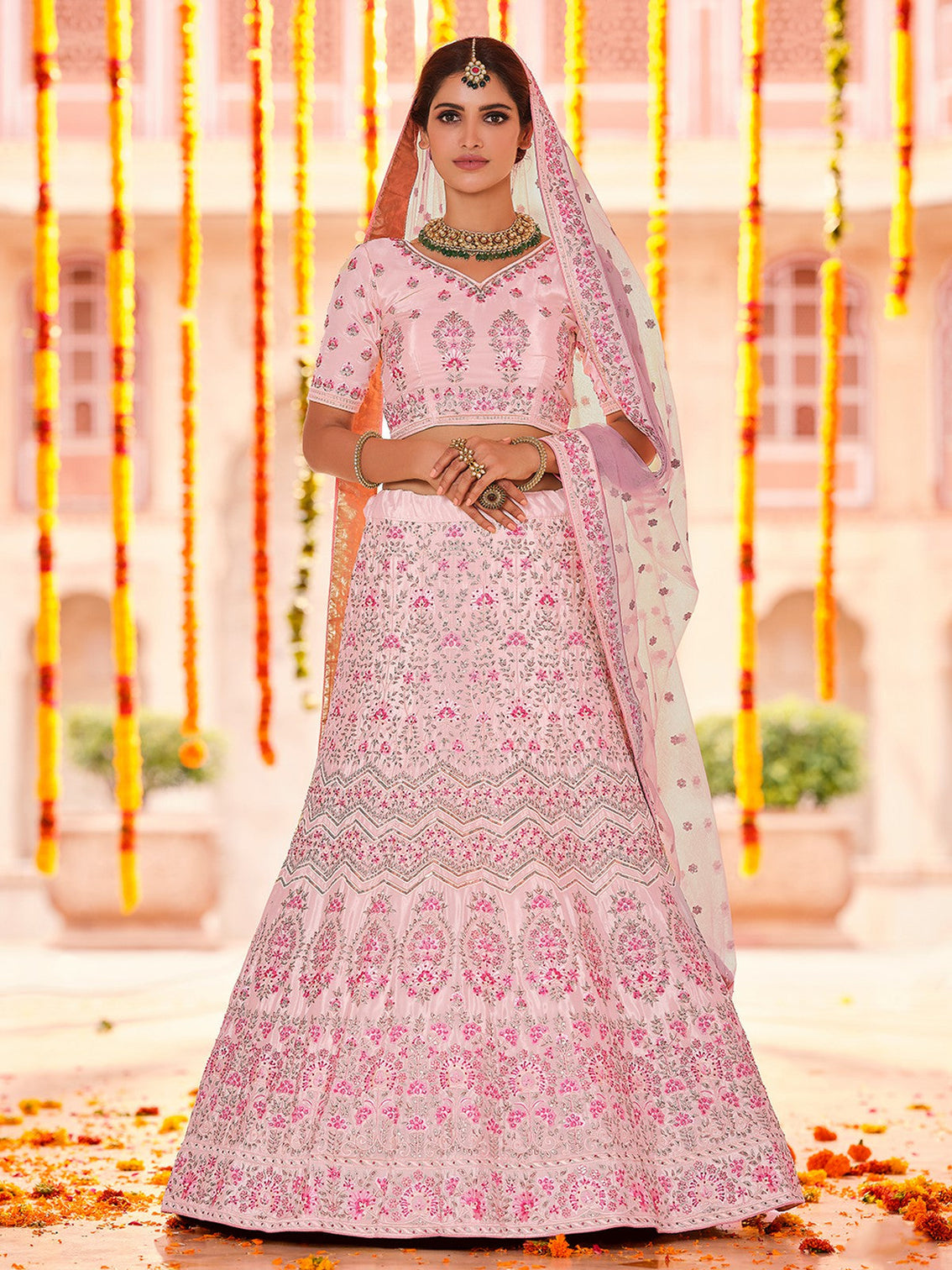 Pink Crepe Semi Stitched Lehenga With Unstitched Blouse