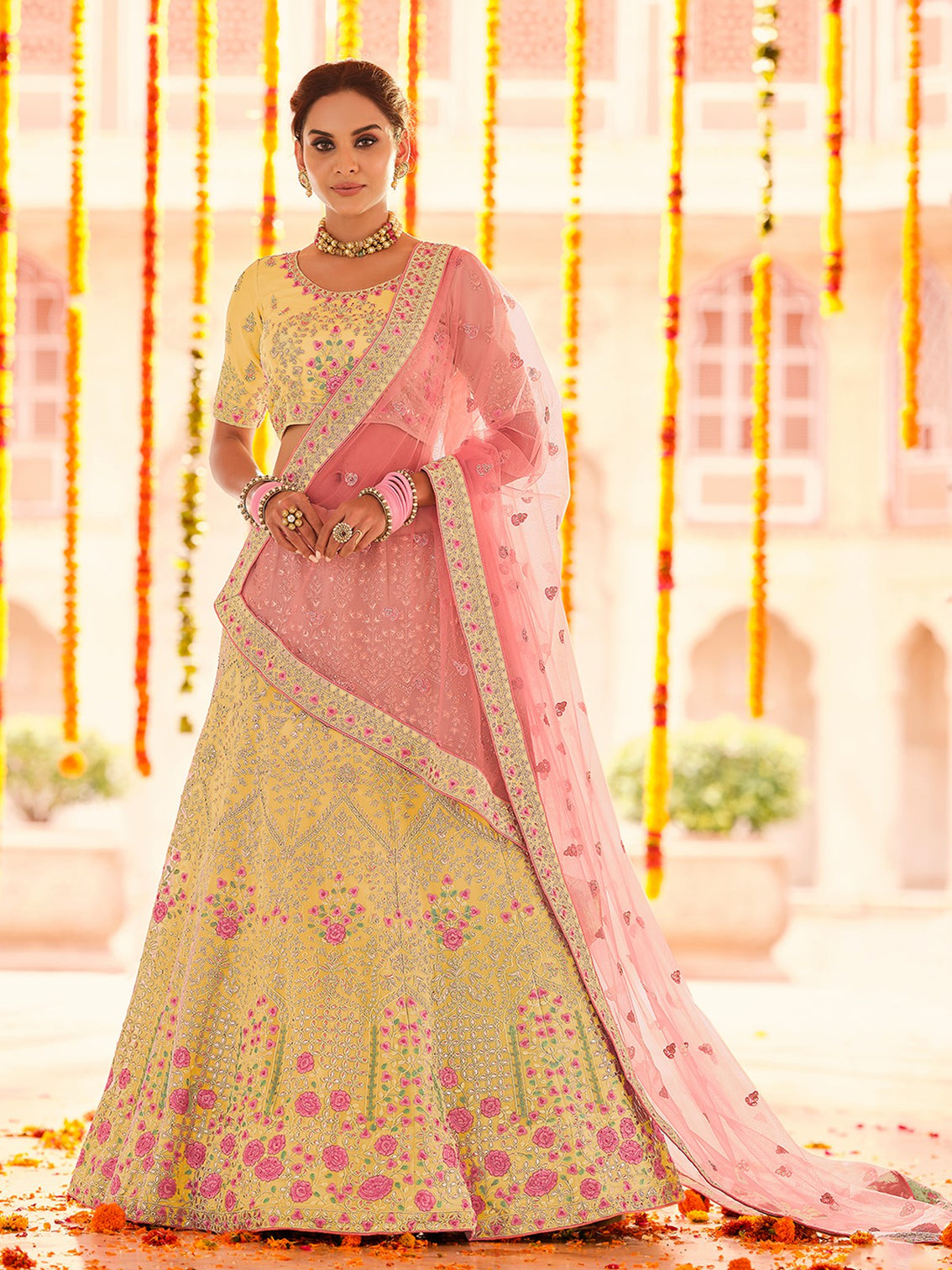 Yellow Embroidered Georgette Semi Stitched Lehenga With Unstitched Blouse