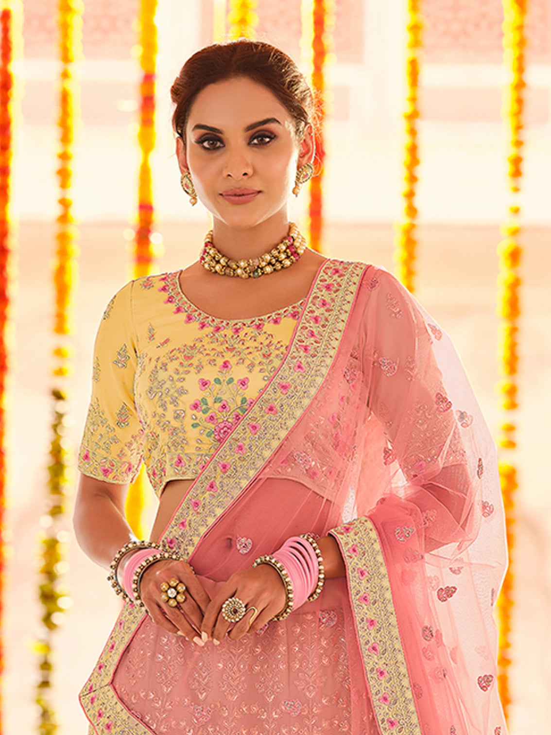Yellow Embroidered Georgette Semi Stitched Lehenga With Unstitched Blouse