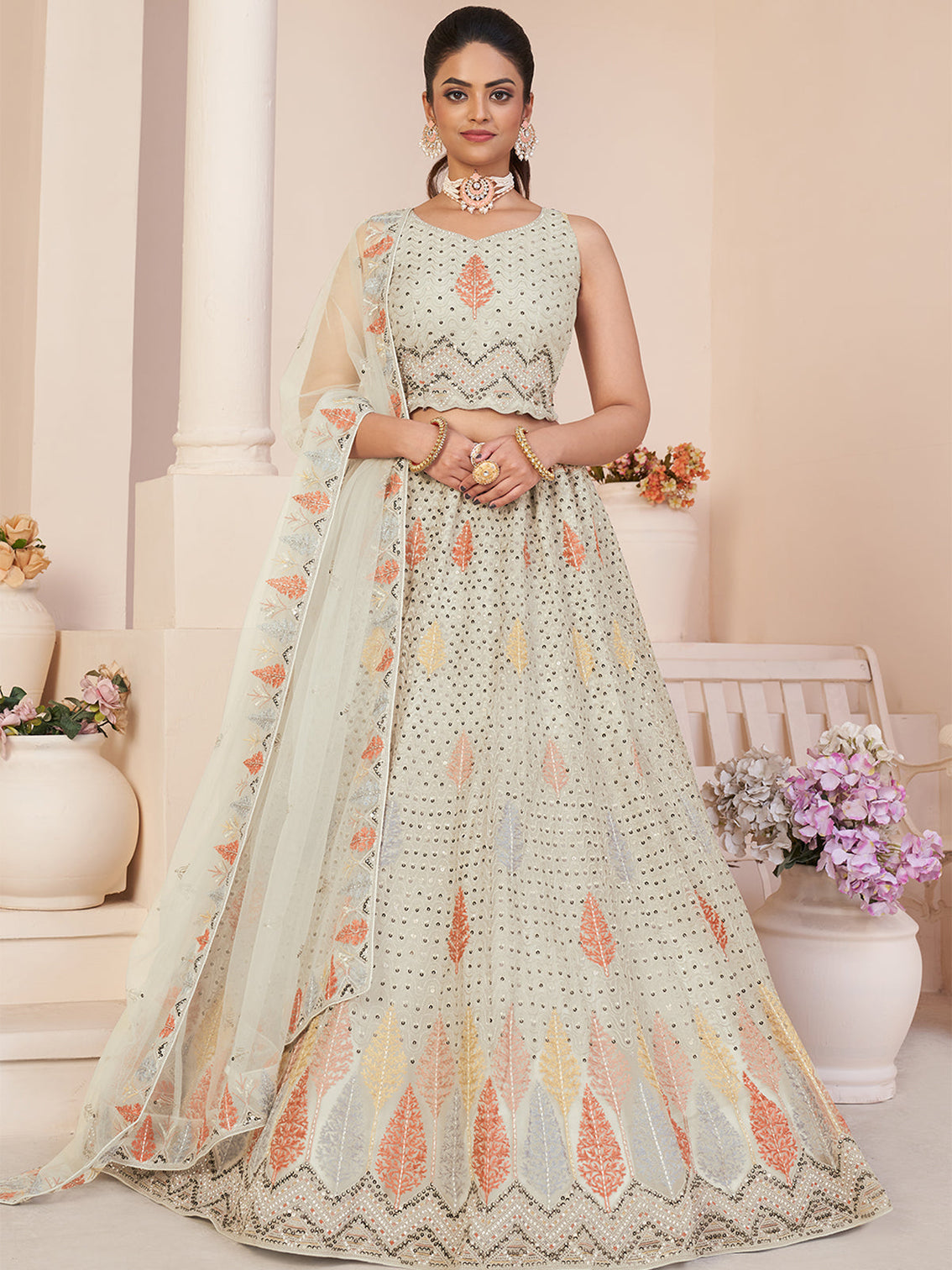 White Net Embroidered Semi stitched Lehenga With Unstitched blouse