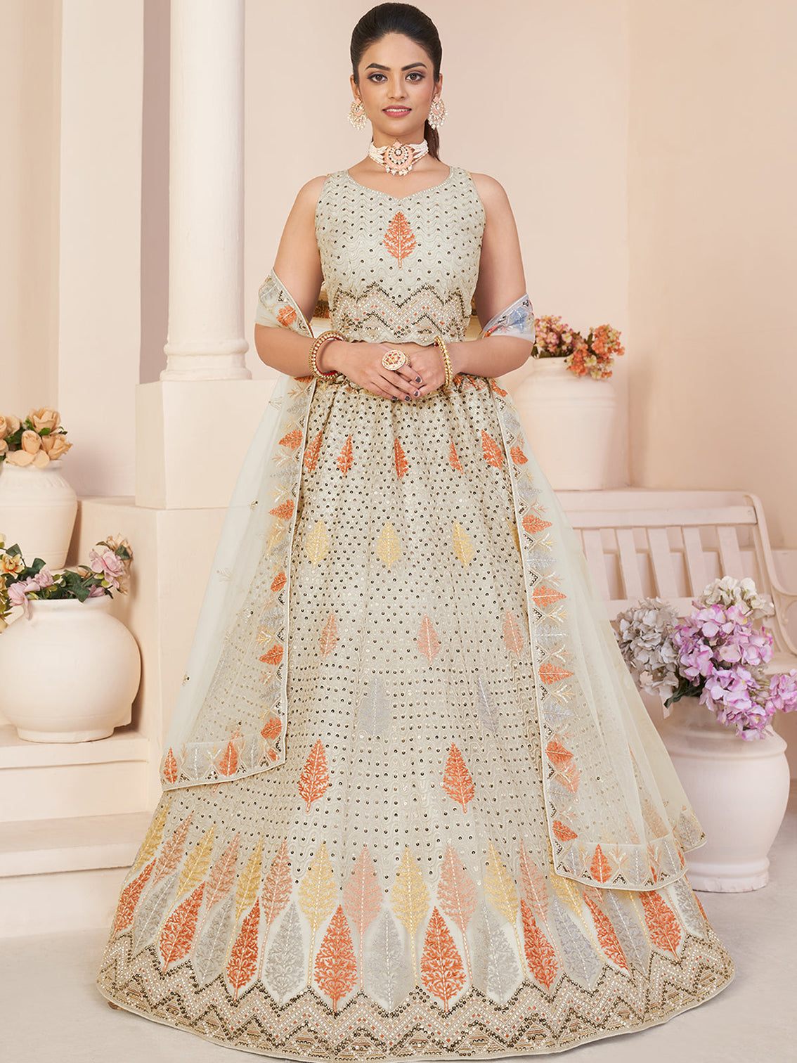White Net Embroidered Semi stitched Lehenga With Unstitched blouse