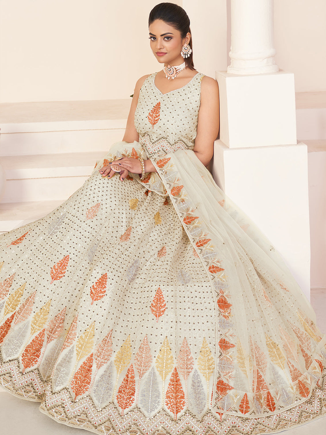 White Net Embroidered Semi stitched Lehenga With Unstitched blouse