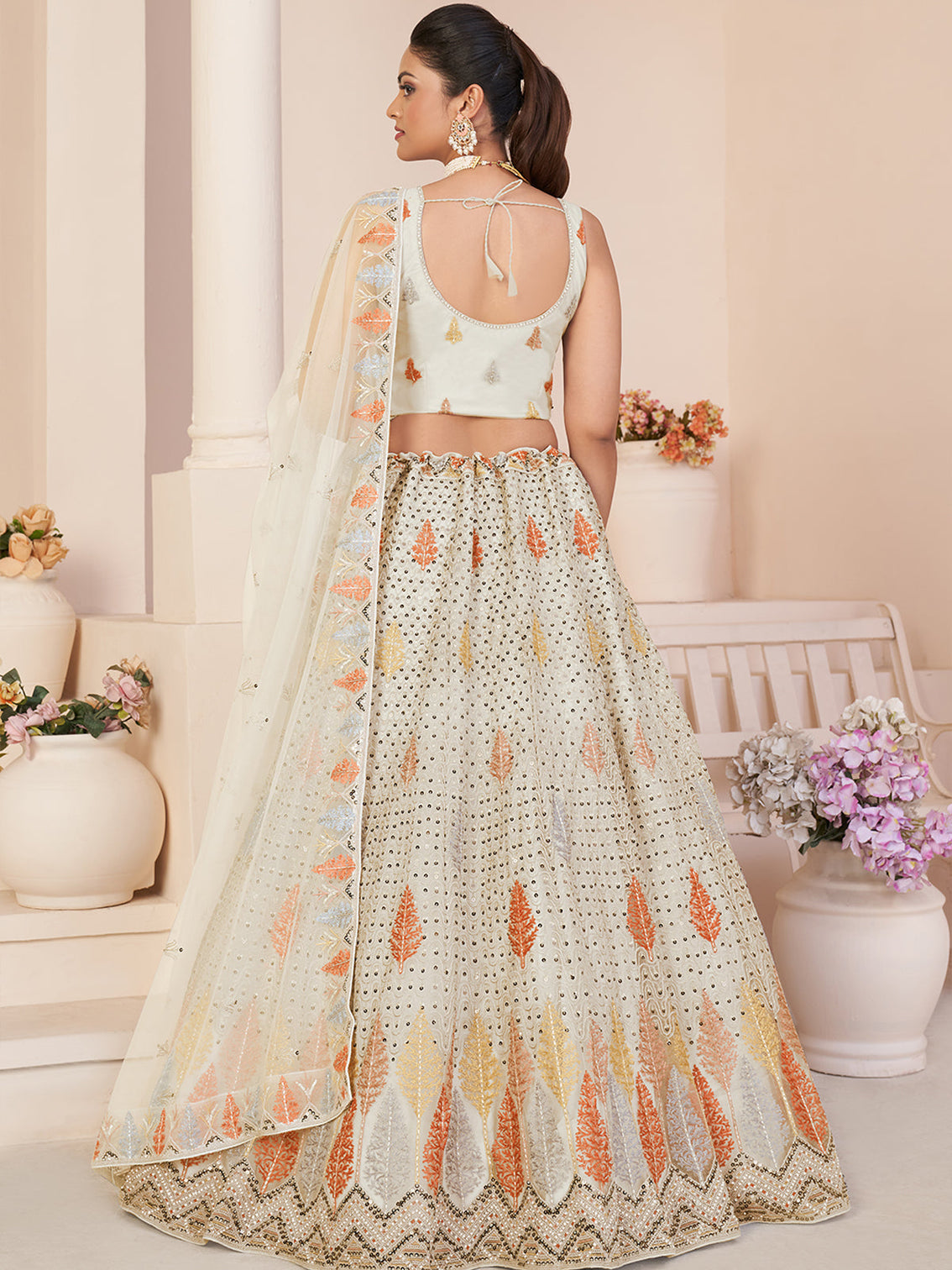 White Net Embroidered Semi stitched Lehenga With Unstitched blouse