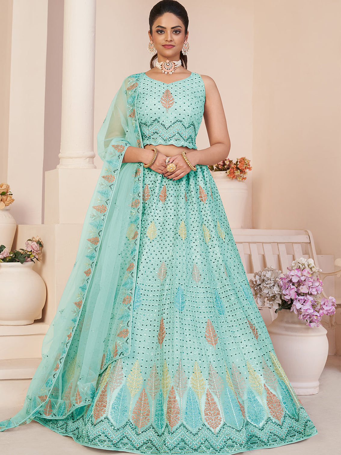 Turquoise Net Embroidered Semi stitched Lehenga With Unstitched blouse