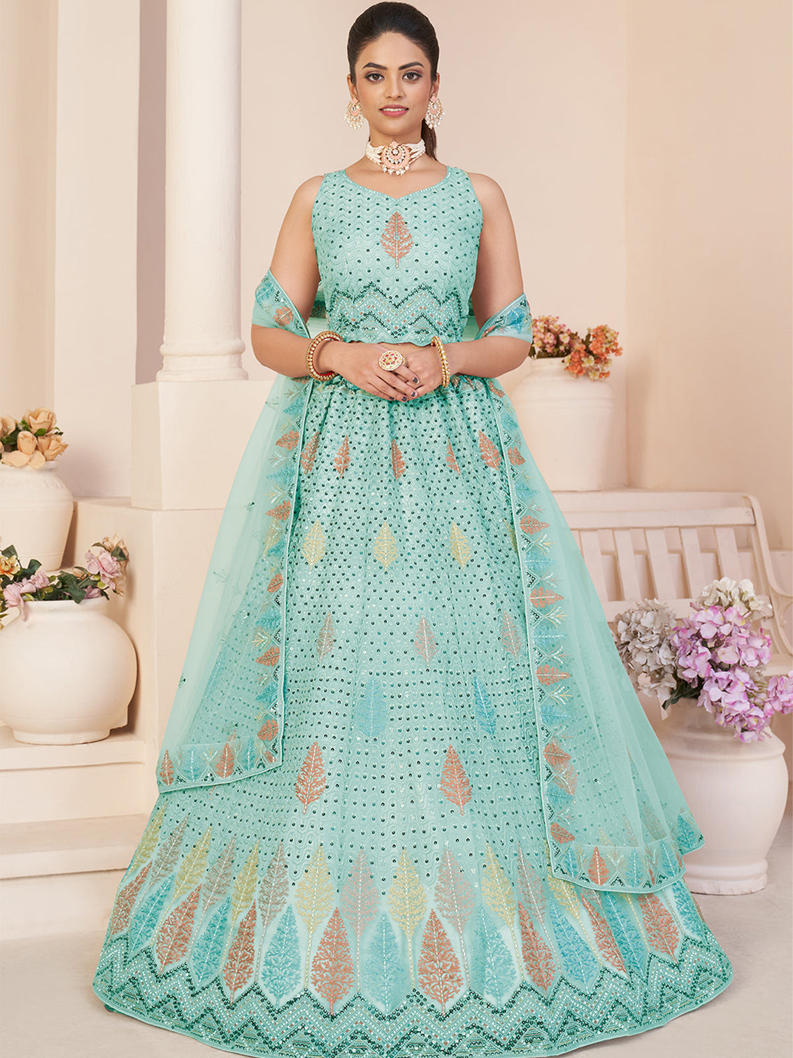 Turquoise Net Embroidered Semi stitched Lehenga With Unstitched blouse