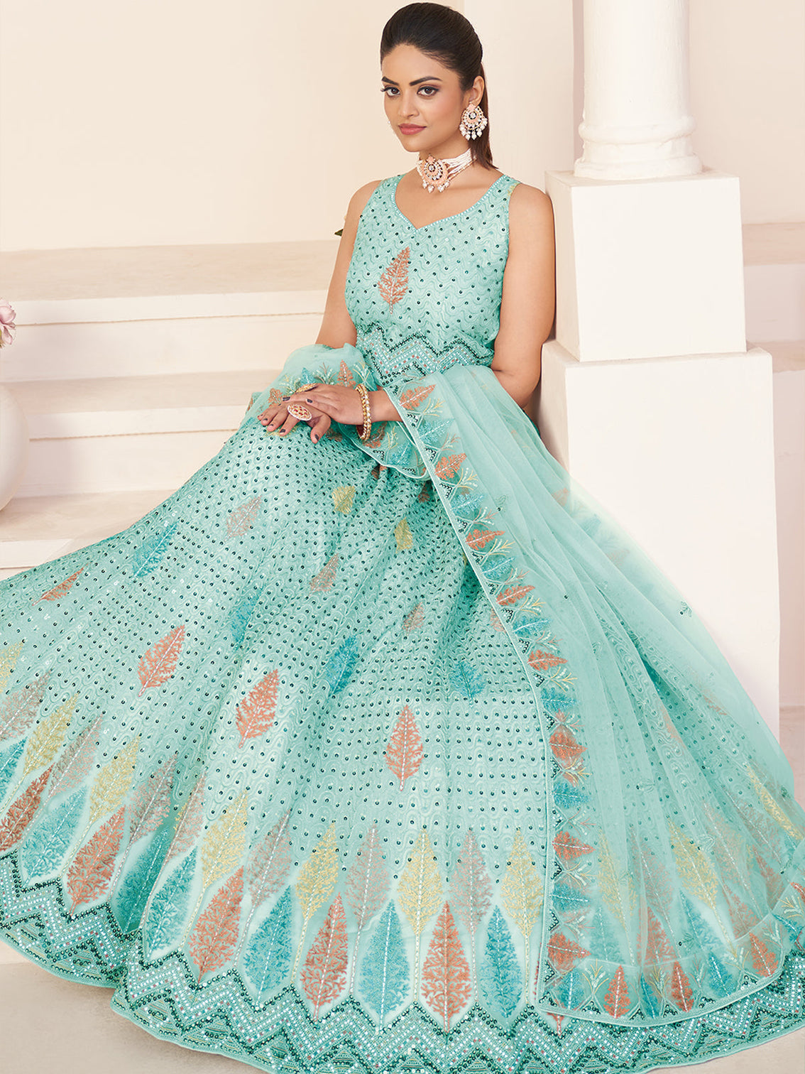 Turquoise Net Embroidered Semi stitched Lehenga With Unstitched blouse
