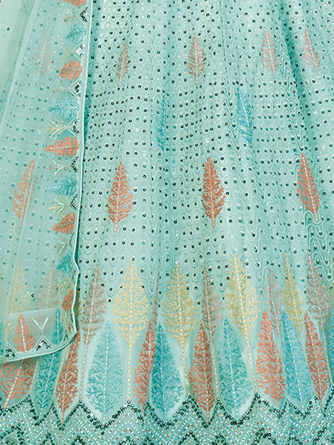 Turquoise Net Embroidered Semi stitched Lehenga With Unstitched blouse