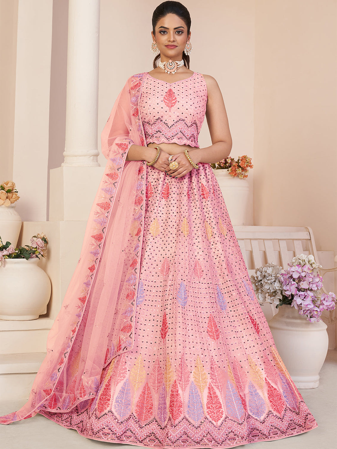 Pink Net Embroidered Semi stitched Lehenga With Unstitched blouse