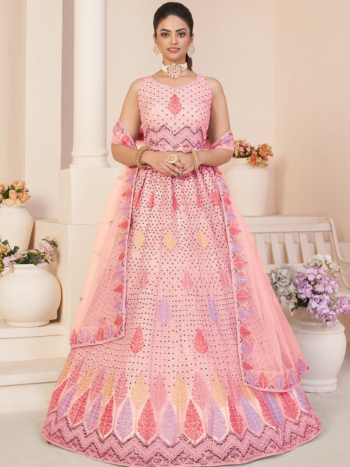 Pink Net Embroidered Semi stitched Lehenga With Unstitched blouse