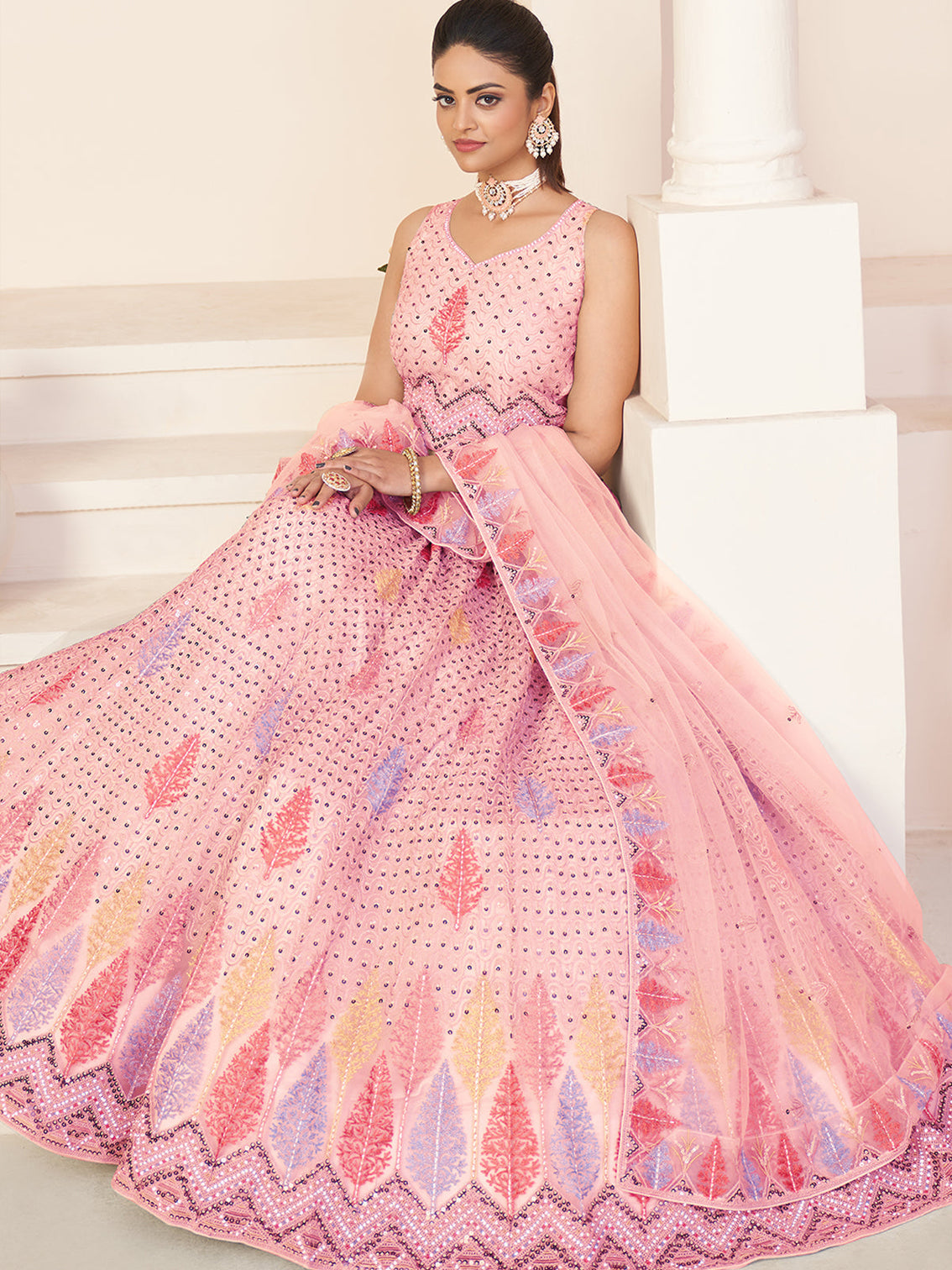 Pink Net Embroidered Semi stitched Lehenga With Unstitched blouse