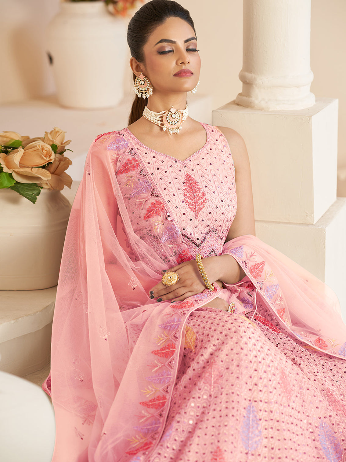 Pink Net Embroidered Semi stitched Lehenga With Unstitched blouse
