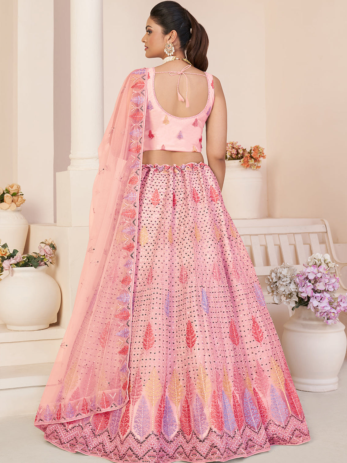 Pink Net Embroidered Semi stitched Lehenga With Unstitched blouse