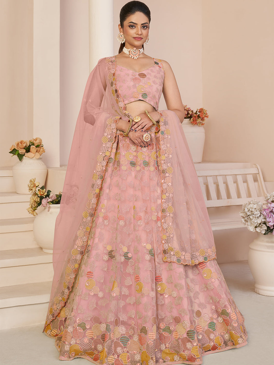 Pink Net Embroidered Semi stitched Lehenga With Unstitched blouse