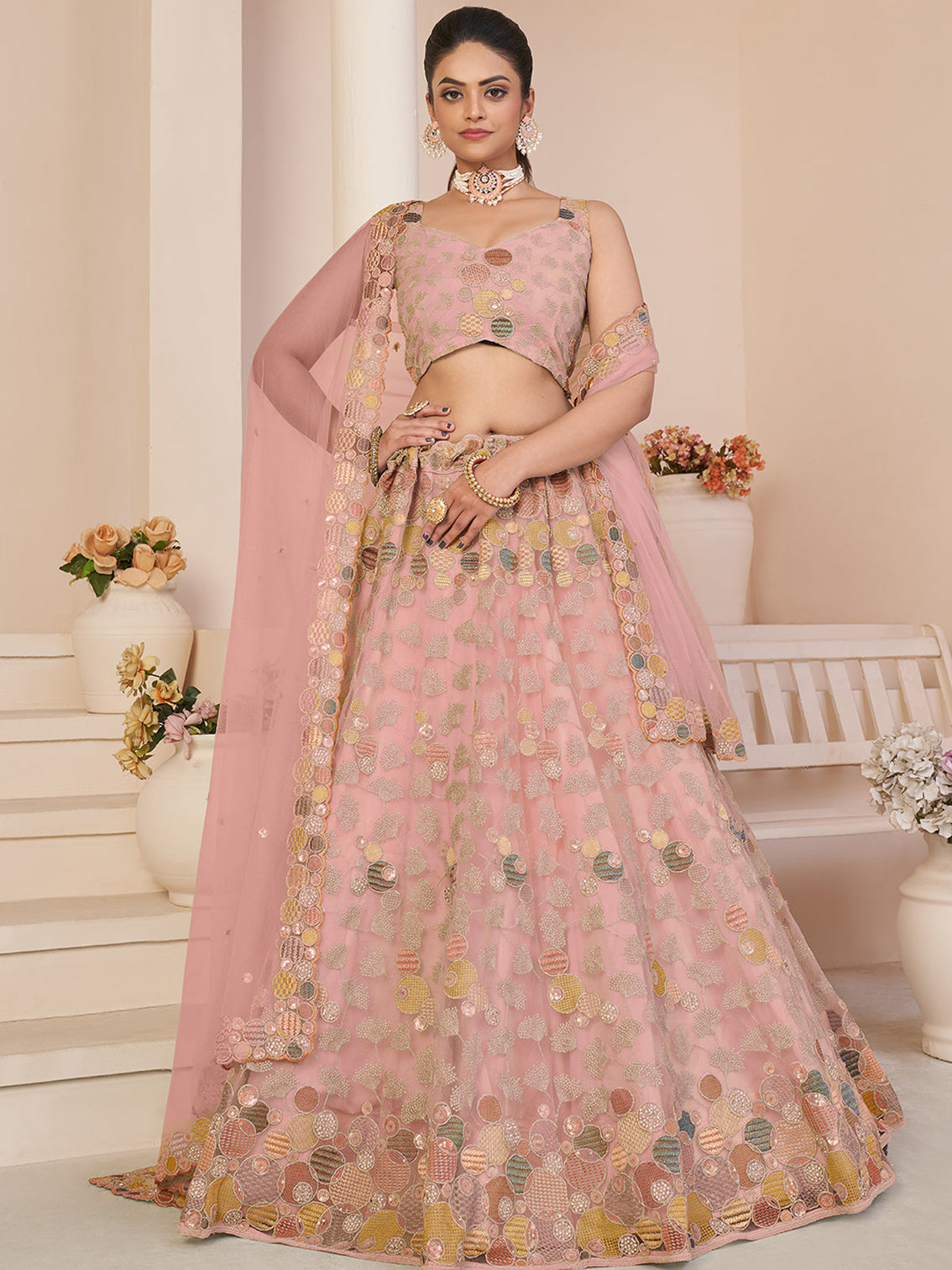Pink Net Embroidered Semi stitched Lehenga With Unstitched blouse